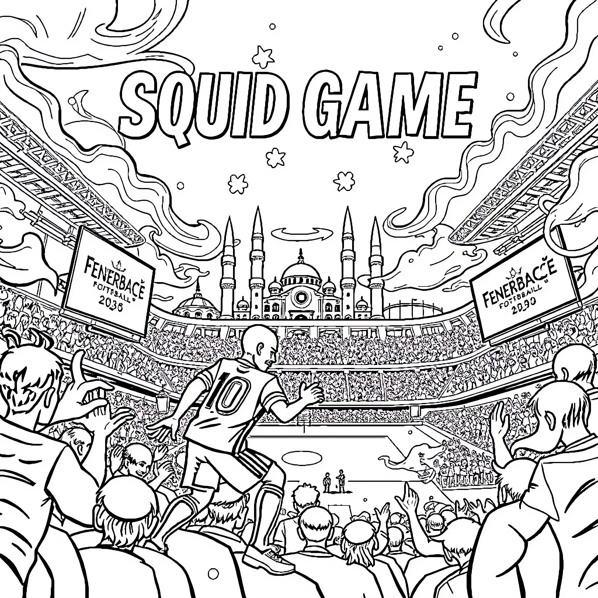 Squid Game: Intense Stadium Showdown Coloring Page (free black-and-white line drawing printable PDF for all, from beginners to advanced learners, including children, teens, adults, and seniors)