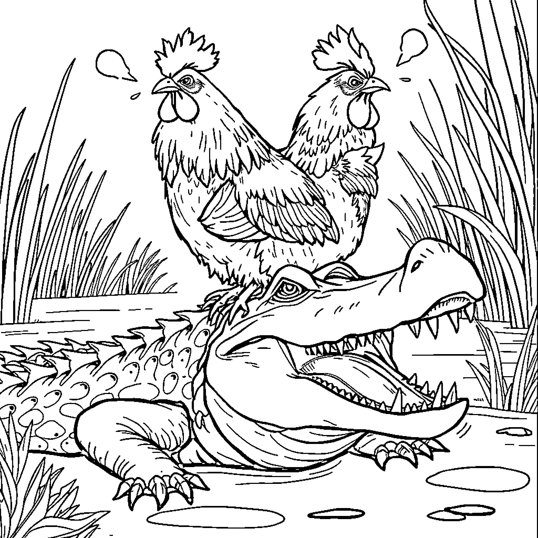 Chicken and crocodile in the wild Coloring Page (free black-and-white line drawing printable PDF for all, from beginners to advanced learners, including children, teens, adults, and seniors)