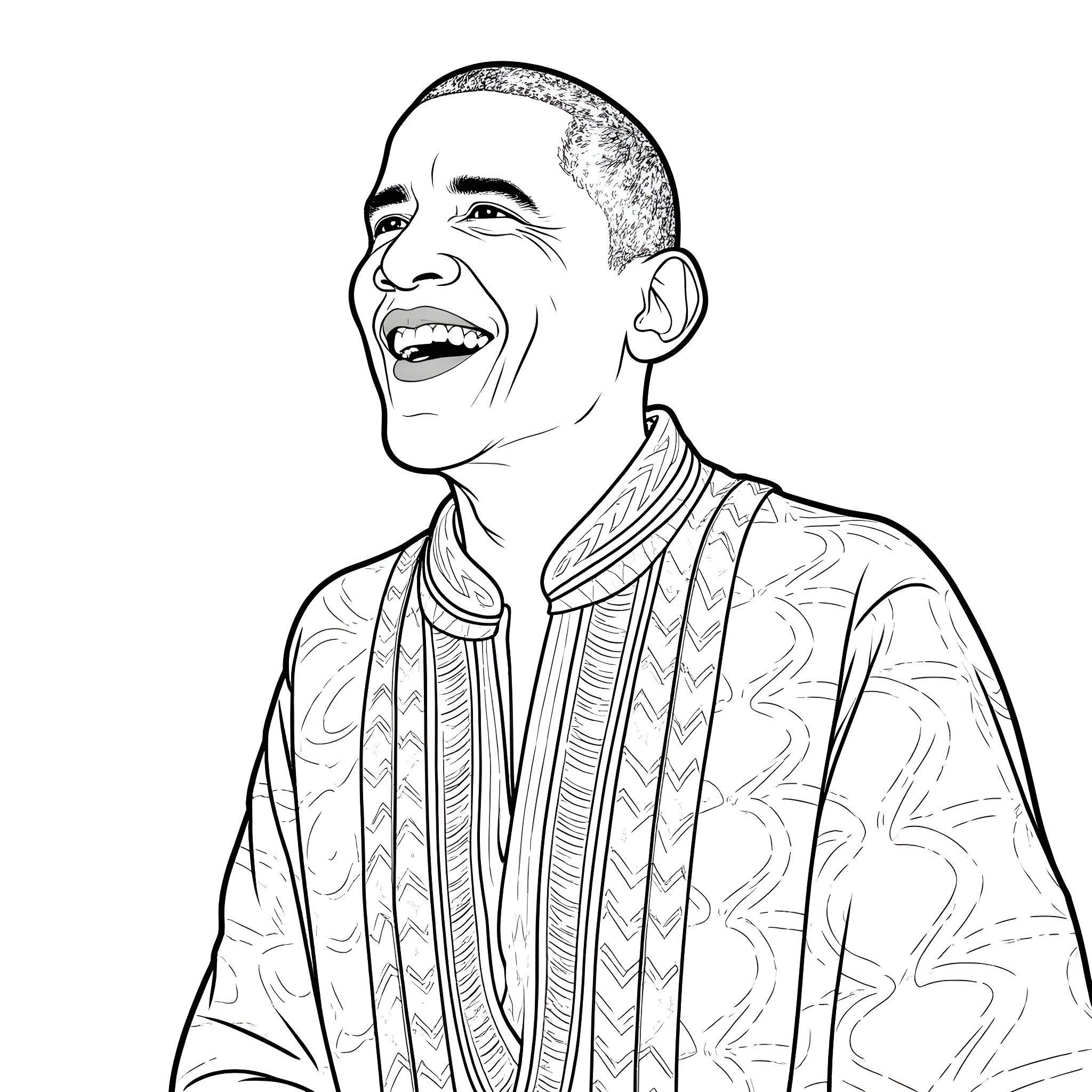 Obama laughing and smiling in a patterned shirt Coloring Page (free black-and-white line drawing printable PDF for all, from beginners to advanced learners, including children, teens, adults, and seniors)