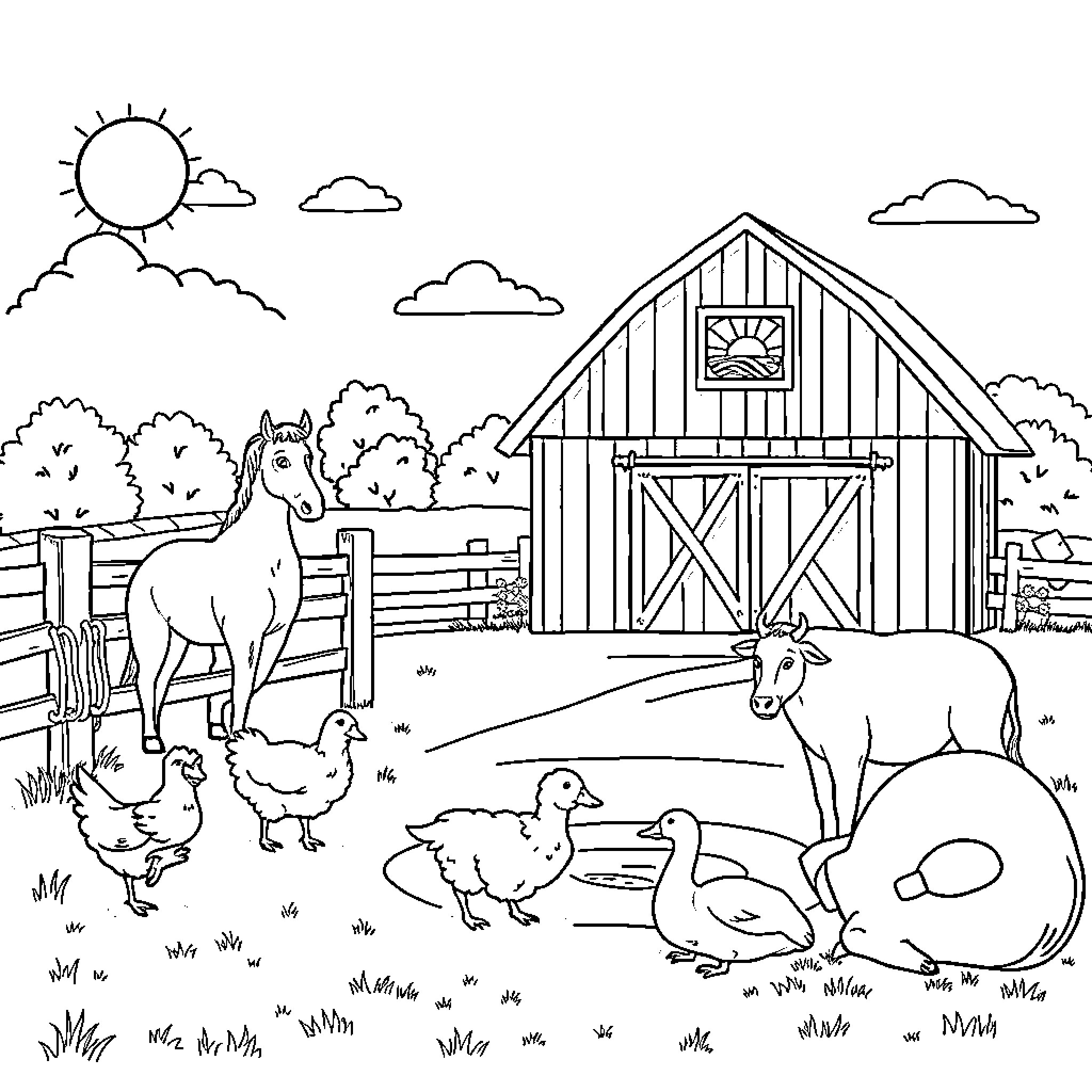 Animal farm scene with barn and livestock Coloring Page (free black-and-white line drawing printable PDF for all, from beginners to advanced learners, including children, teens, adults, and seniors)