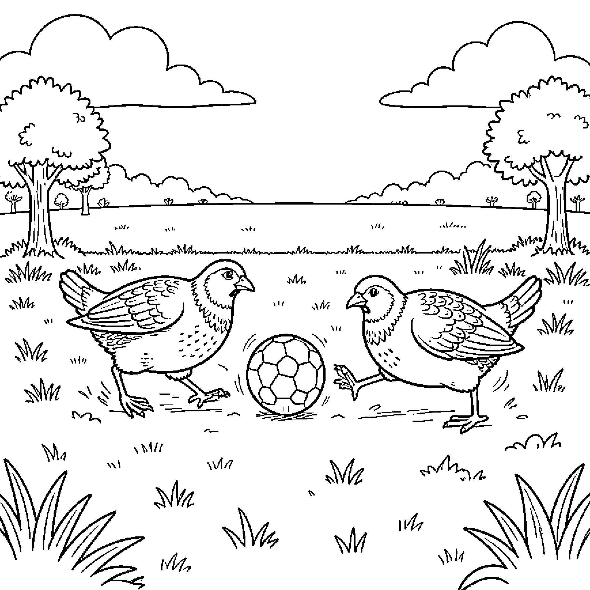 Quail playing soccer together in a grassy field Coloring Page (free black-and-white line drawing printable PDF for all, from beginners to advanced learners, including children, teens, adults, and seniors)