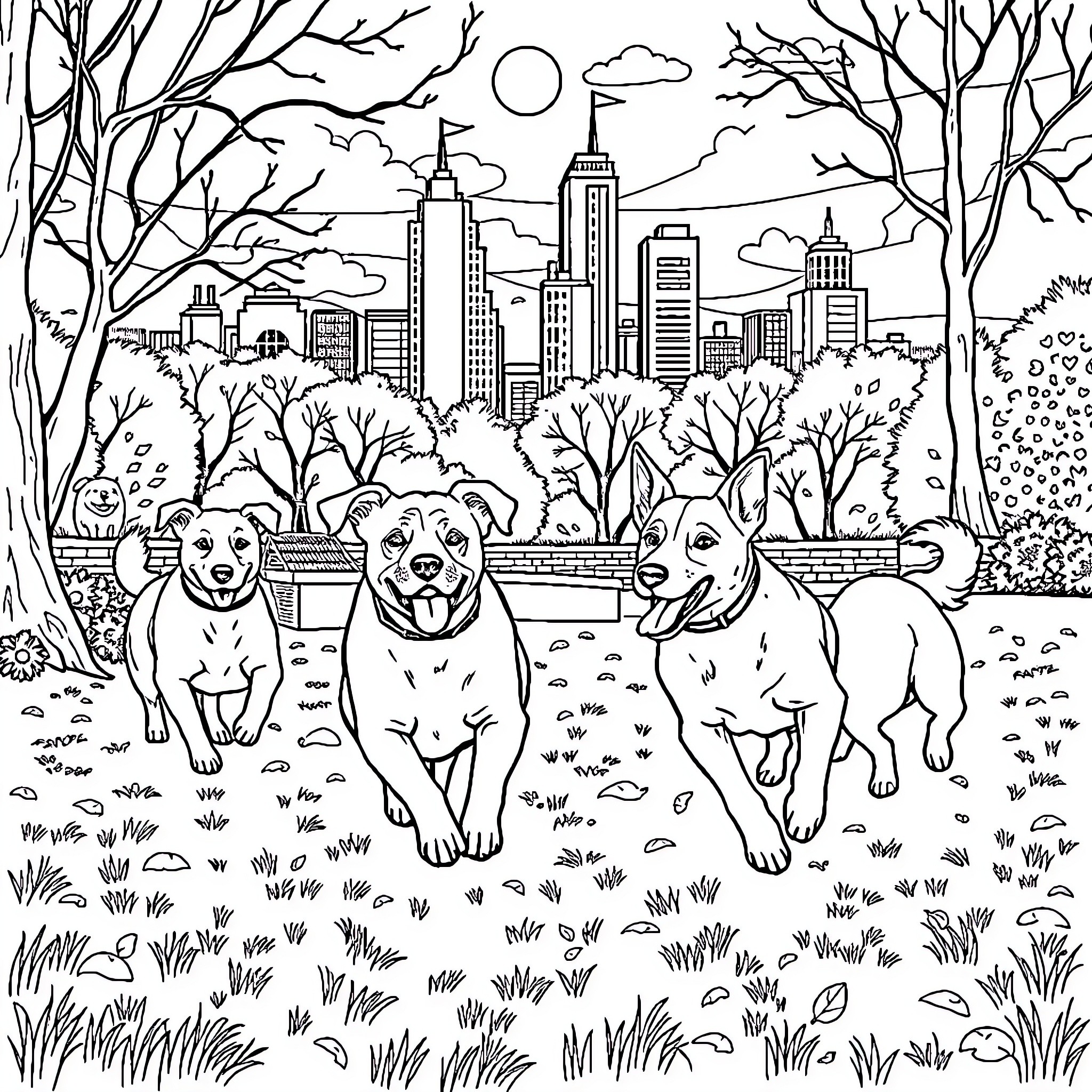 Dog friends exploring the city park Coloring Page (free black-and-white line drawing printable PDF for all, from beginners to advanced learners, including children, teens, adults, and seniors)