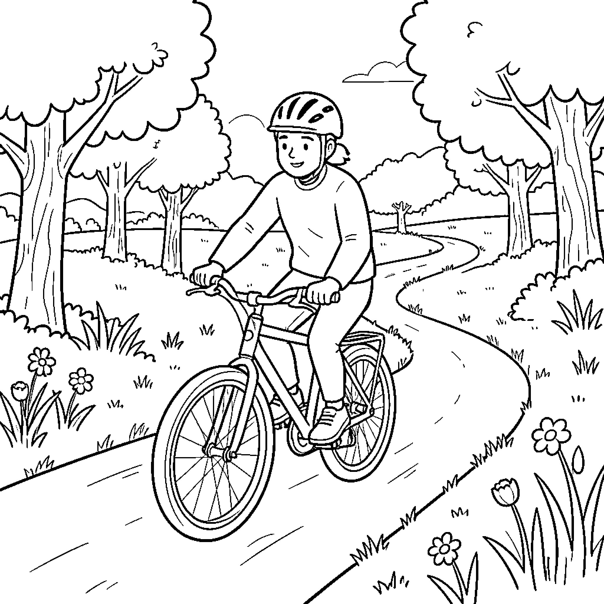 Riding a bicycle through a scenic forest path Coloring Page (free black-and-white line drawing printable PDF for all, from beginners to advanced learners, including children, teens, adults, and seniors)
