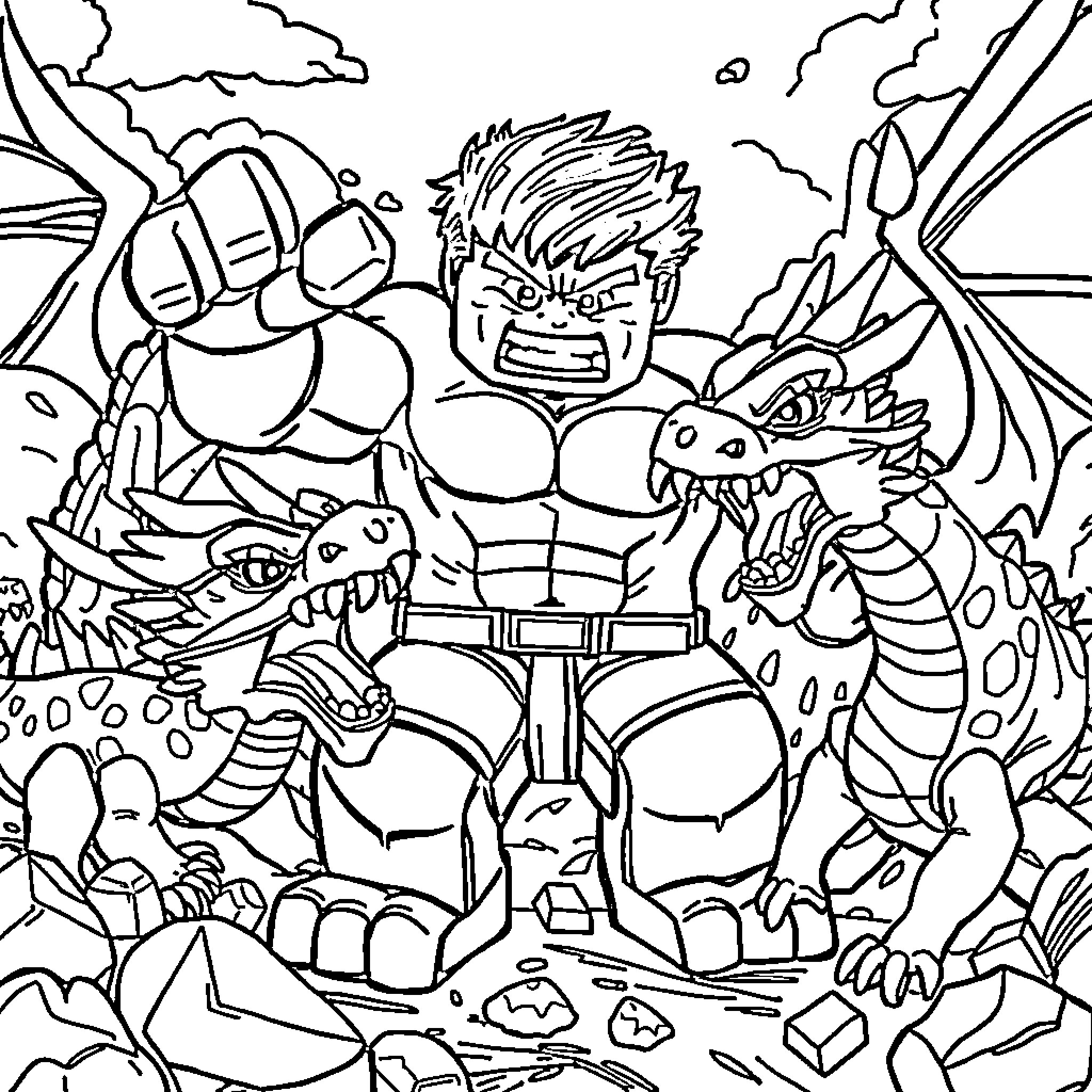 Lego Hulk battles fierce dragons and beasts Coloring Page (free black-and-white line drawing printable PDF for all, from beginners to advanced learners, including children, teens, adults, and seniors)