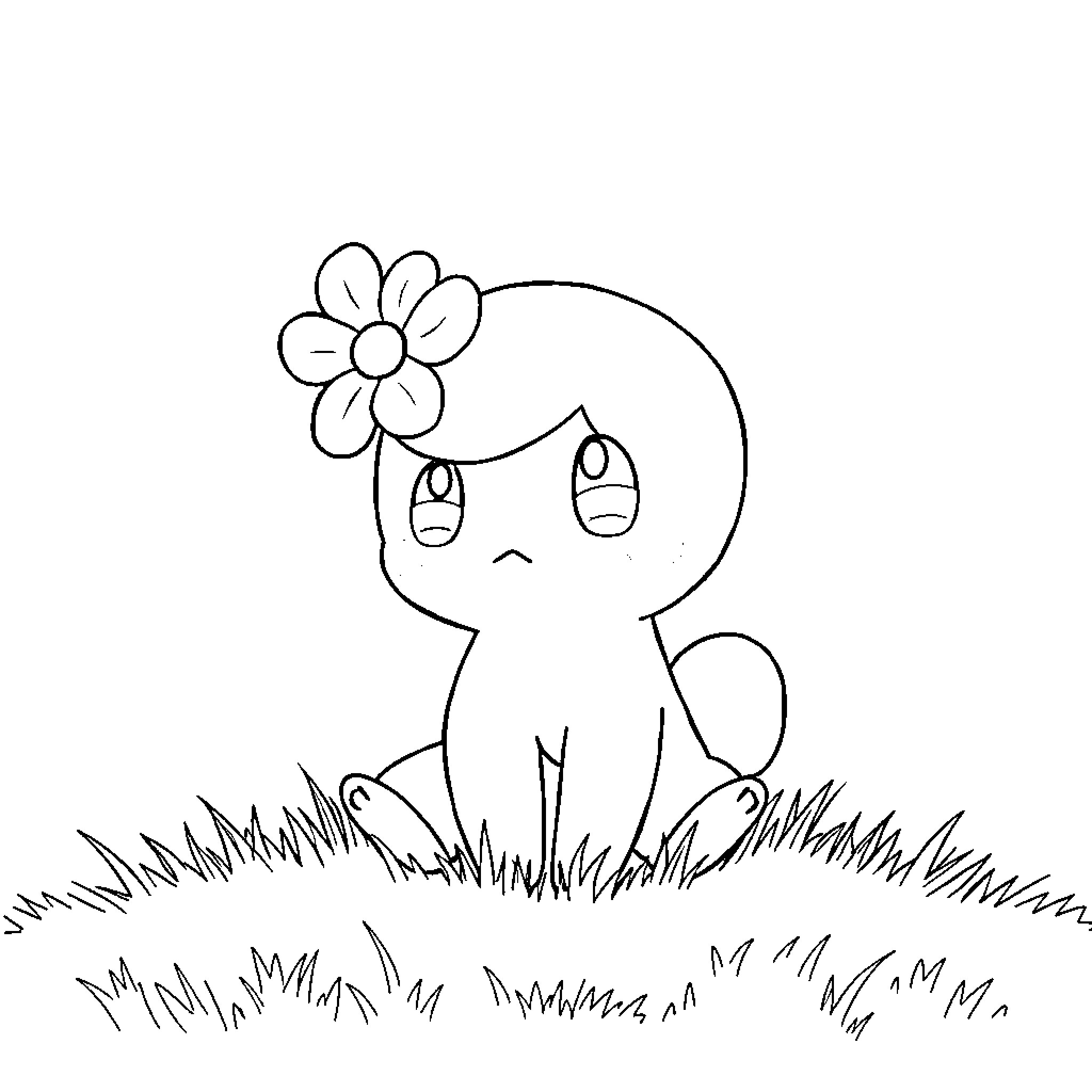 Pokémon character in a grassy field Coloring Page (free black-and-white line drawing printable PDF for all, from beginners to advanced learners, including children, teens, adults, and seniors)
