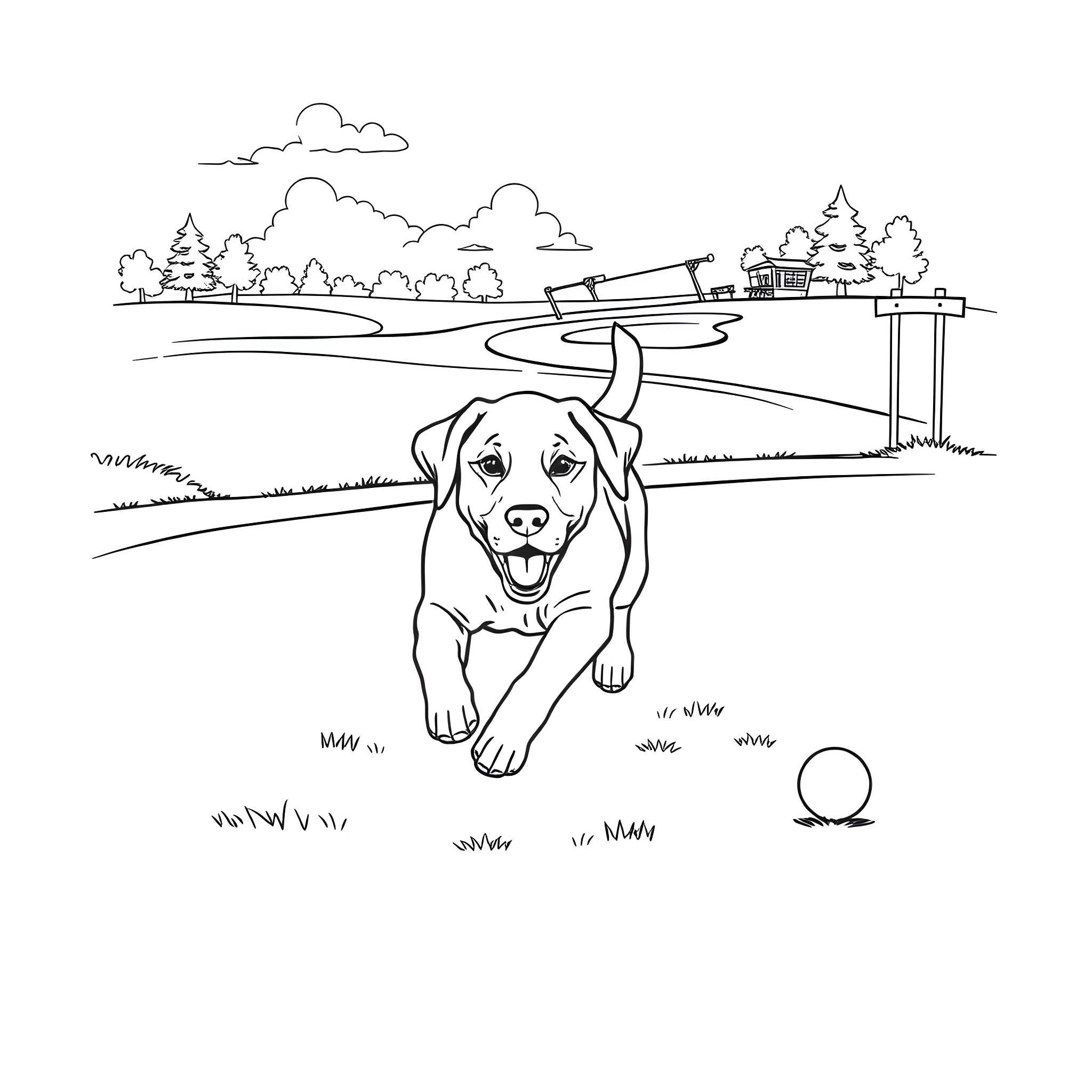 Labrador playing fetch in the countryside Coloring Page (free black-and-white line drawing printable PDF for all, from beginners to advanced learners, including children, teens, adults, and seniors)