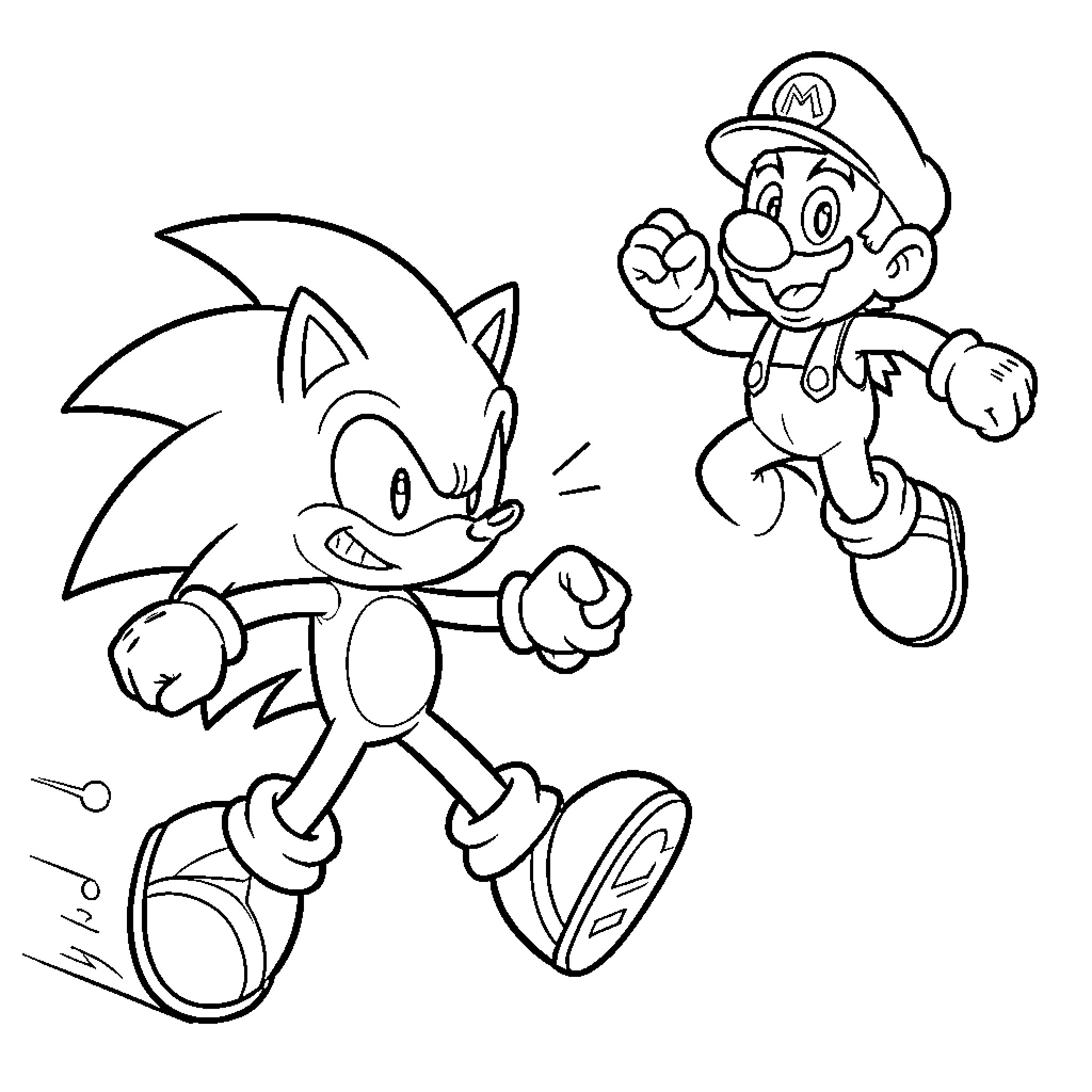 Sonic and Mario in action-packed adventure Coloring Page (free black-and-white line drawing printable PDF for all, from beginners to advanced learners, including children, teens, adults, and seniors)