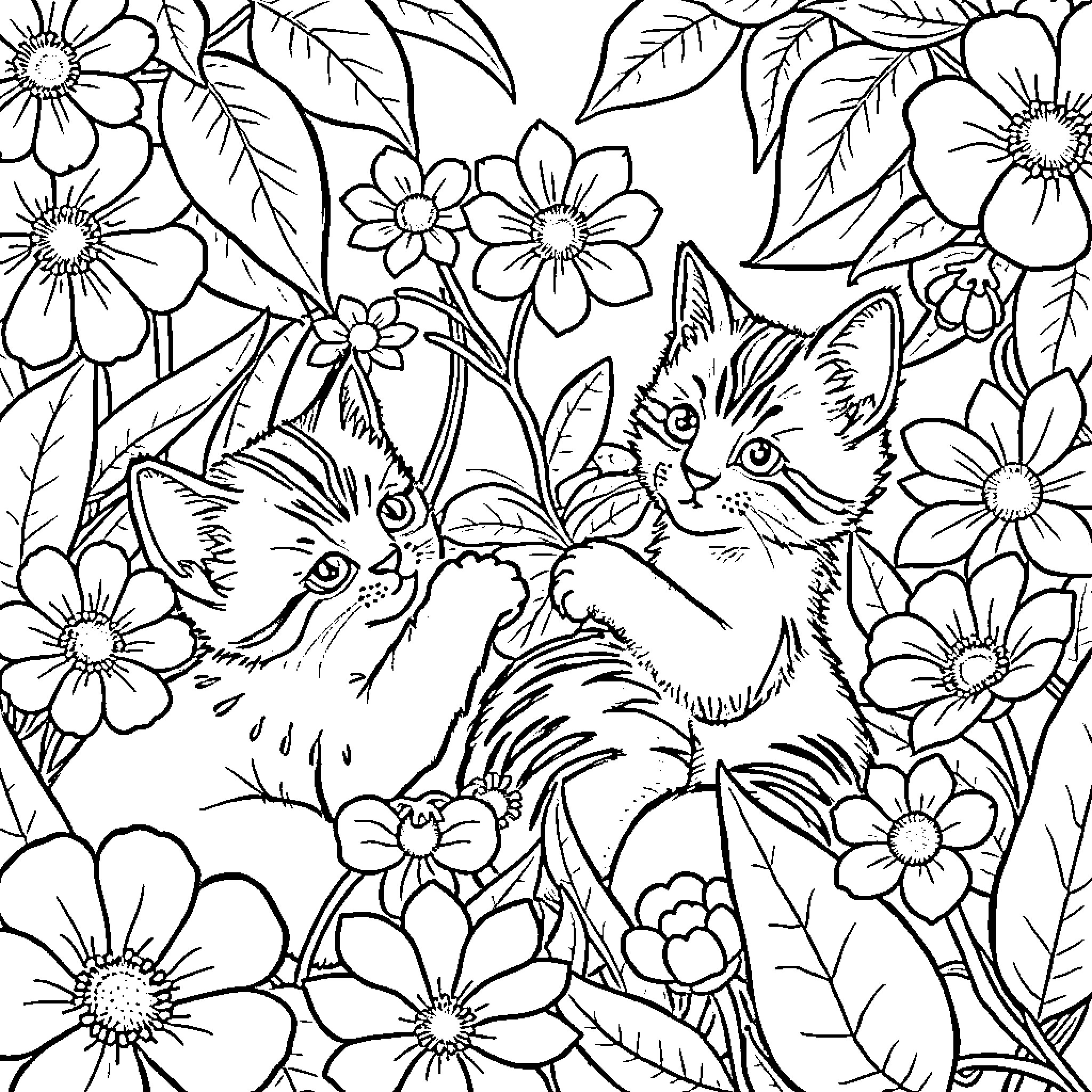 Cats Exploring Floral Garden Coloring Page (free black-and-white line drawing printable PDF for all, from beginners to advanced learners, including children, teens, adults, and seniors)