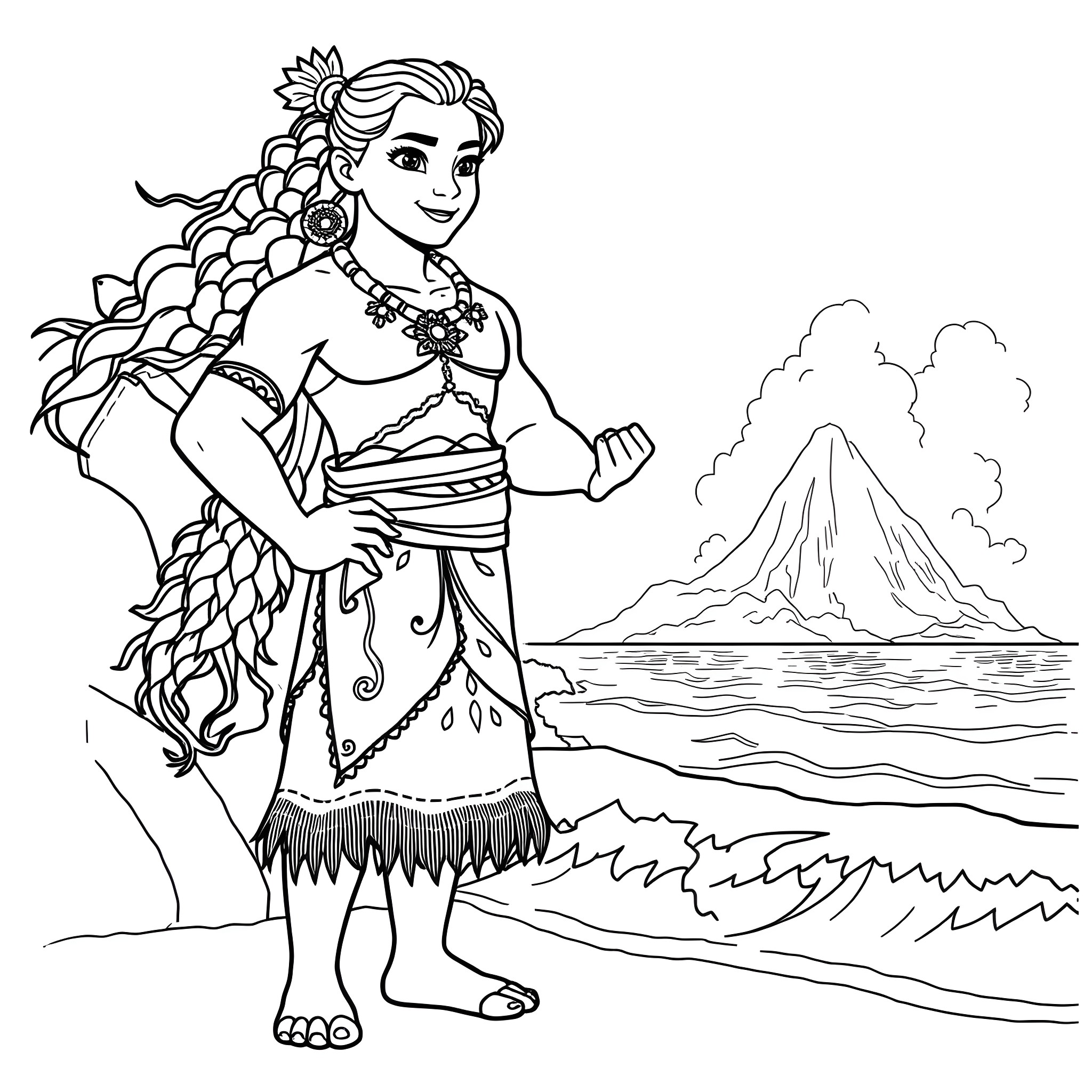 Moana exploring the ocean and volcano landscape Coloring Page (free black-and-white line drawing printable PDF for all, from beginners to advanced learners, including children, teens, adults, and seniors)