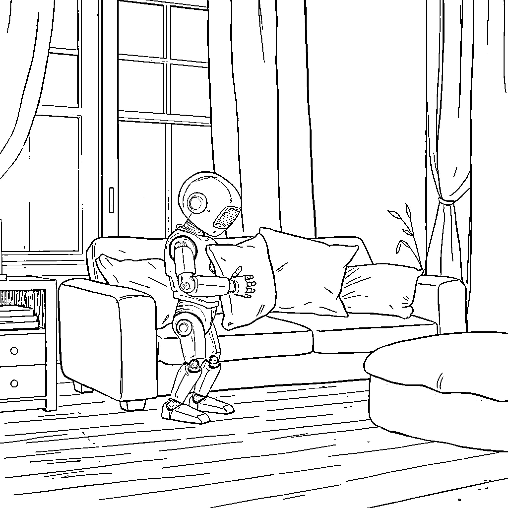 Robot relaxing on couch in home interior Coloring Page (free black-and-white line drawing printable PDF for all, from beginners to advanced learners, including children, teens, adults, and seniors)