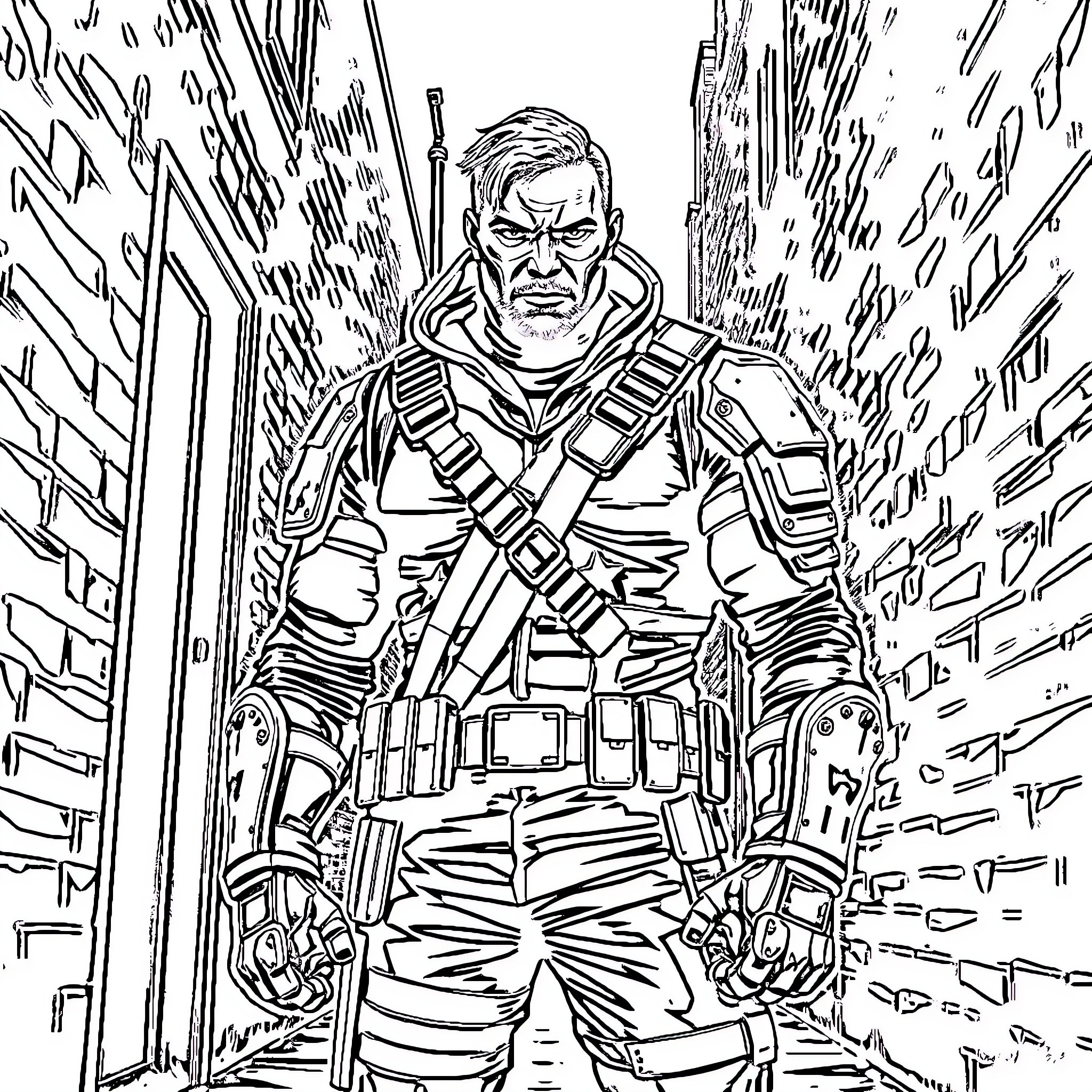 Winter Soldier in Combat Gear Amidst Destruction Coloring Page (free black-and-white line drawing printable PDF for all, from beginners to advanced learners, including children, teens, adults, and seniors)