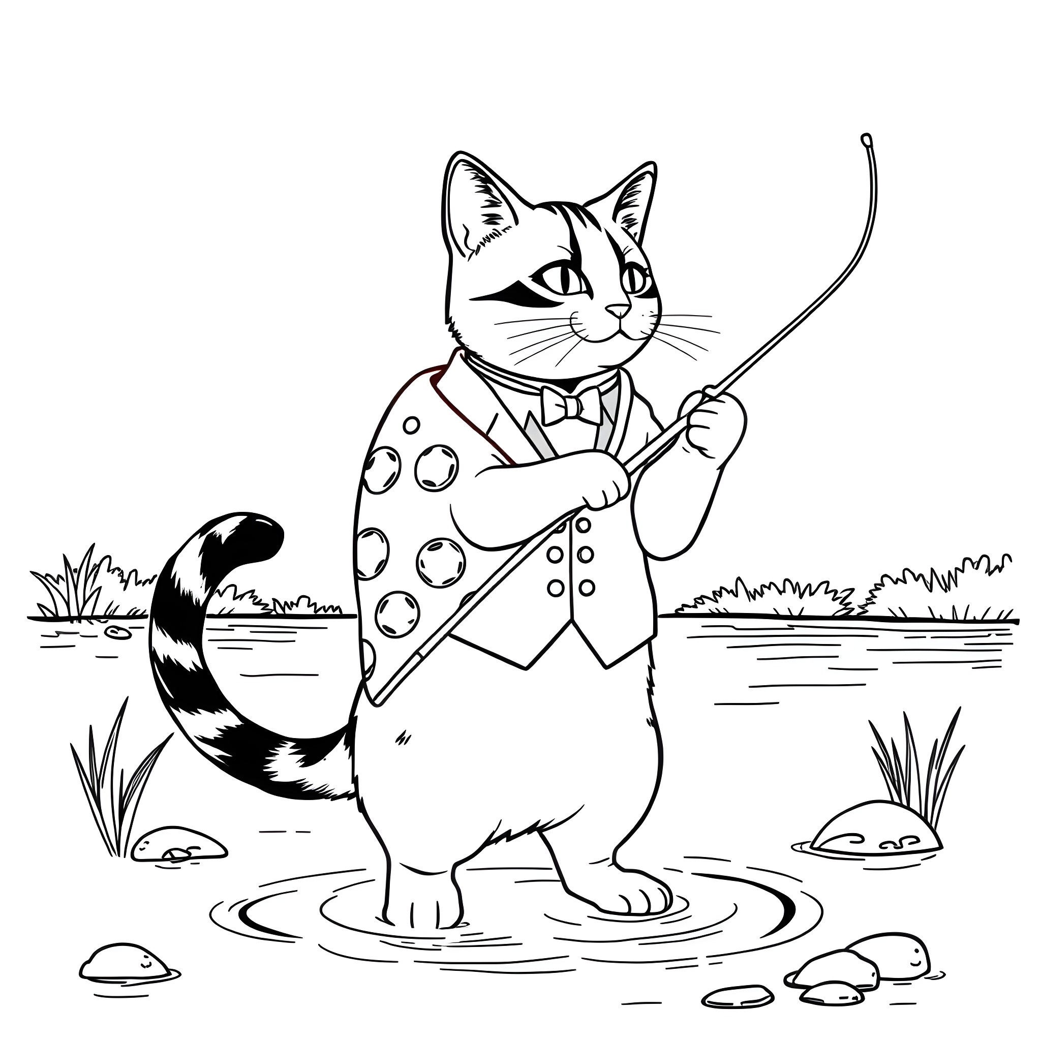 Cat fishing with a rod and reel Coloring Page (free black-and-white line drawing printable PDF for all, from beginners to advanced learners, including children, teens, adults, and seniors)