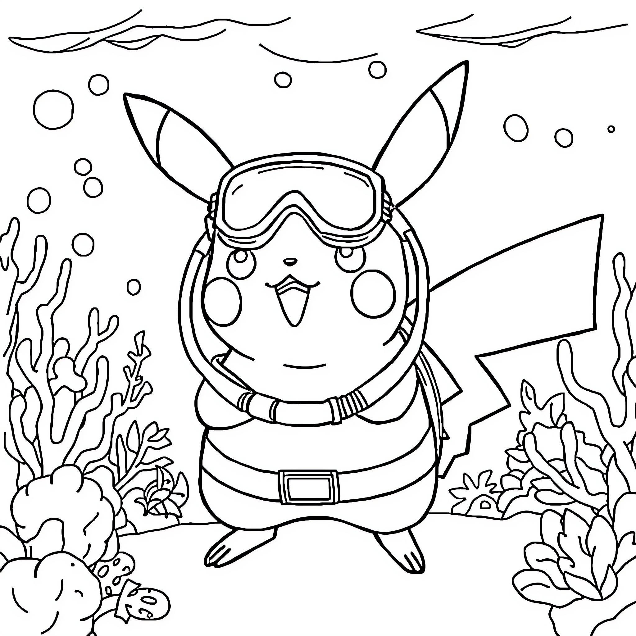 Pikachu as a deep sea diver exploring the ocean Coloring Page (free black-and-white line drawing printable PDF for all, from beginners to advanced learners, including children, teens, adults, and seniors)