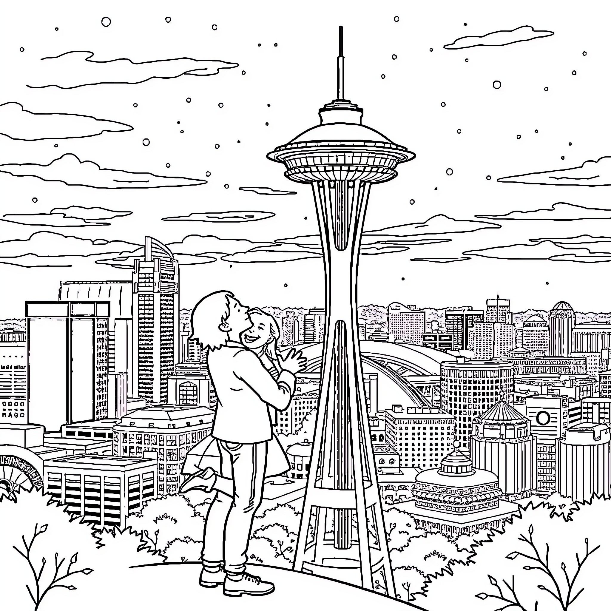 Couple enjoying the view of the city skyline Coloring Page (free black-and-white line drawing printable PDF for all, from beginners to advanced learners, including children, teens, adults, and seniors)