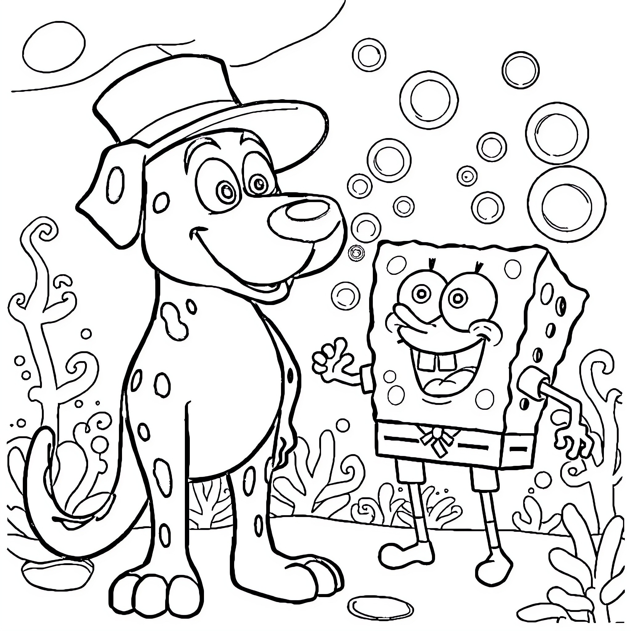 Dogman and Spongebob playing in the park Coloring Page (free black-and-white line drawing printable PDF for all, from beginners to advanced learners, including children, teens, adults, and seniors)