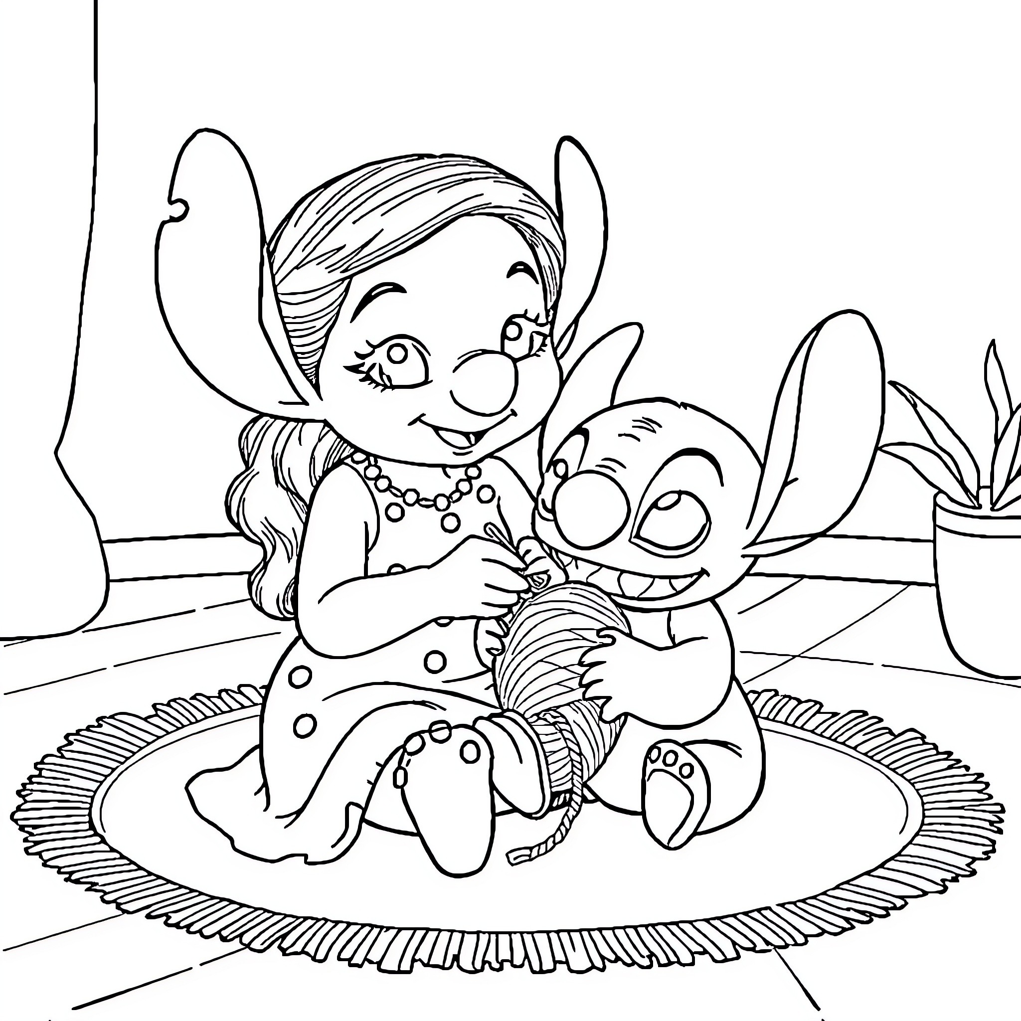 Lilo playing with Stitch in a cozy scene Coloring Page (free black-and-white line drawing printable PDF for all, from beginners to advanced learners, including children, teens, adults, and seniors)