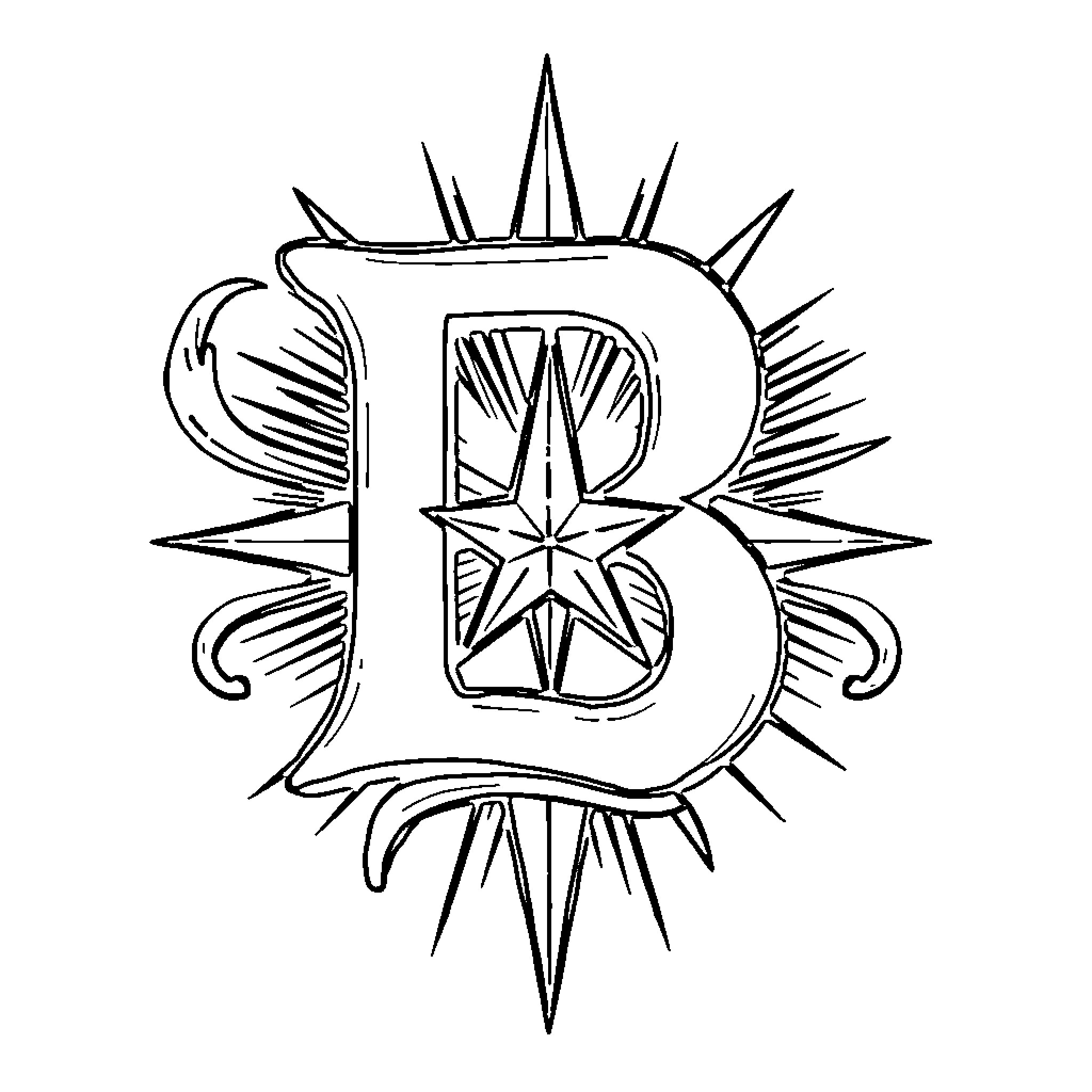 Letter B with Star and Burst Design Coloring Page (free black-and-white line drawing printable PDF for all, from beginners to advanced learners, including children, teens, adults, and seniors)