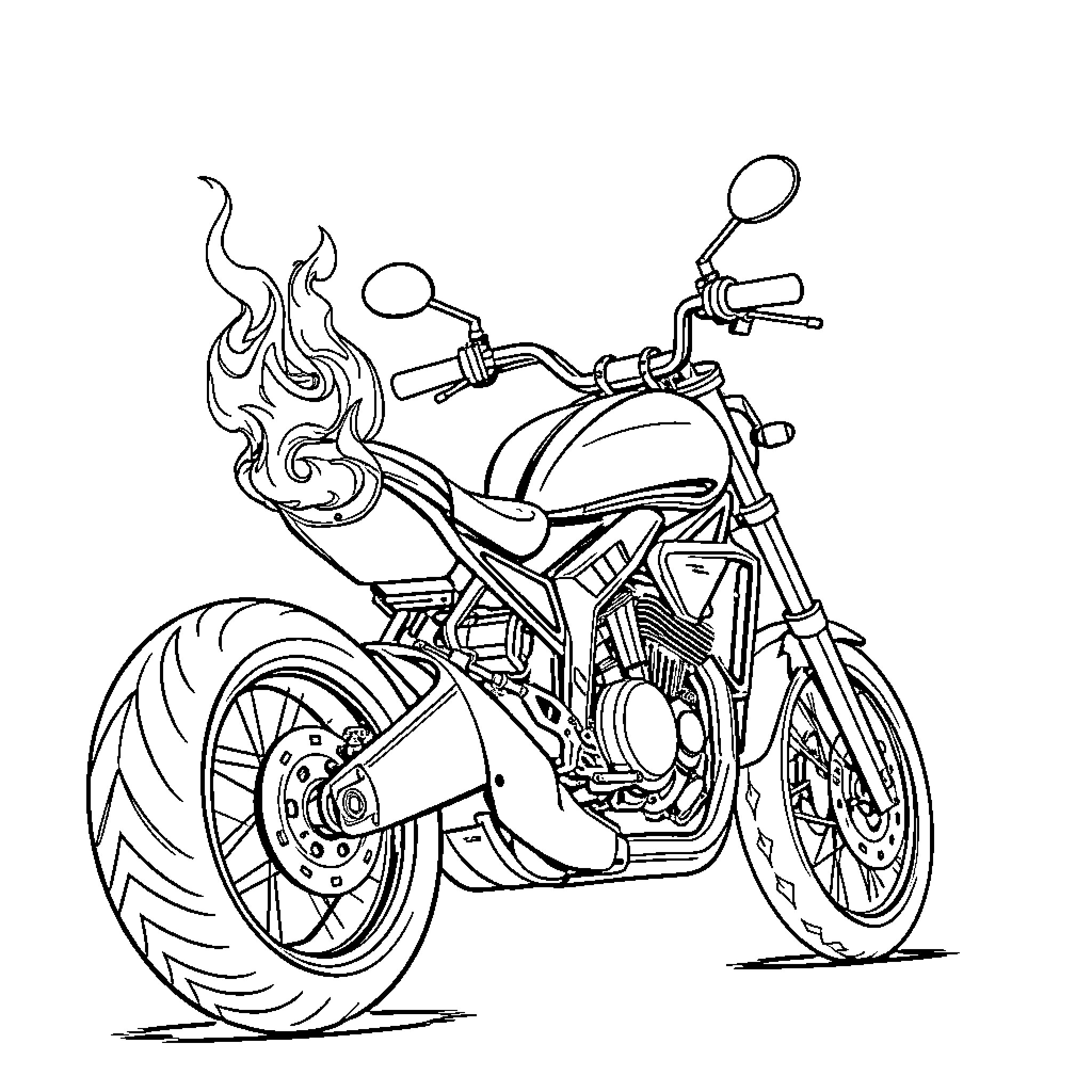 Motorbike with Flaming Exhaust and Stylized Wheels Coloring Page (free black-and-white line drawing printable PDF for all, from beginners to advanced learners, including children, teens, adults, and seniors)