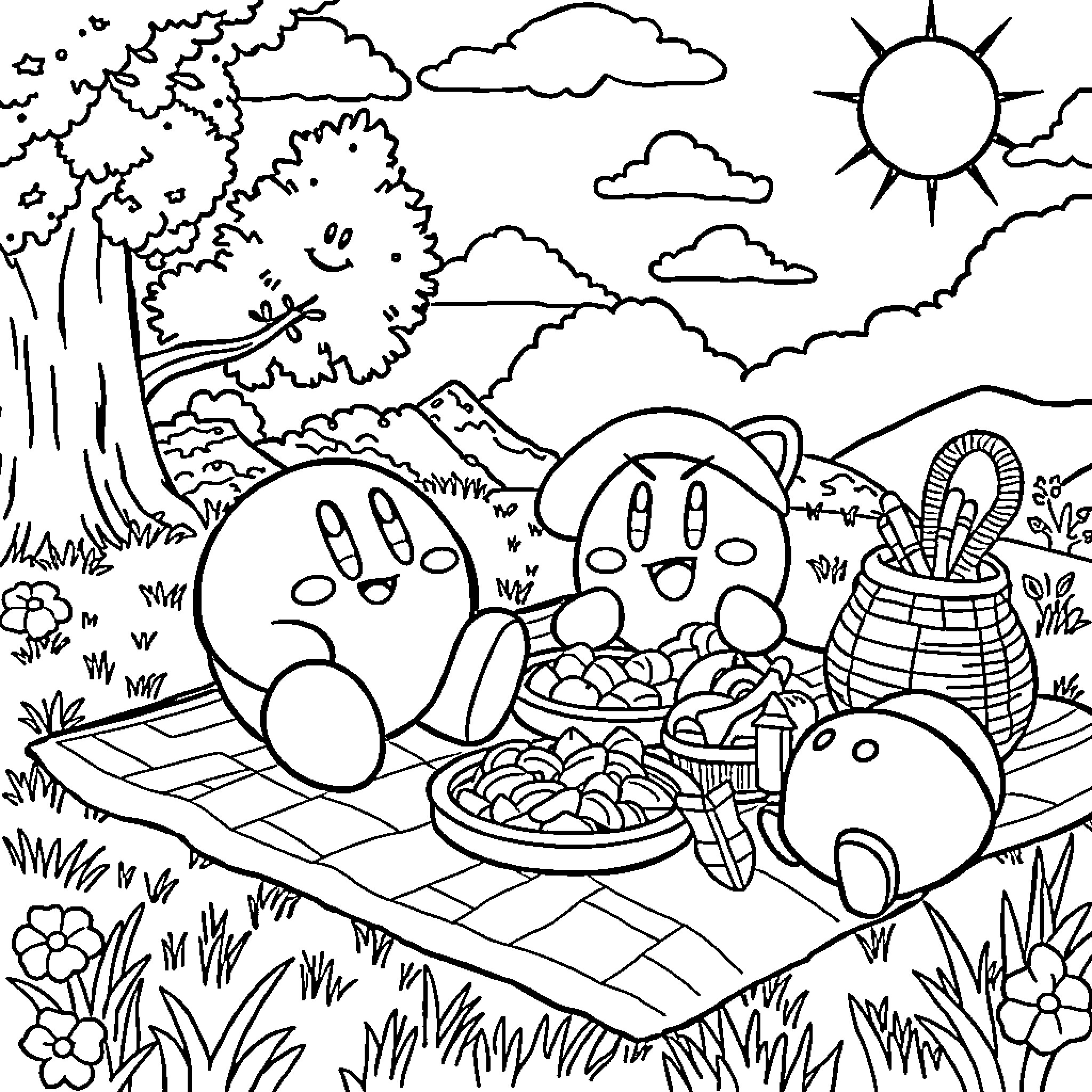 Kirby enjoying a picnic in the park Coloring Page (free black-and-white line drawing printable PDF for all, from beginners to advanced learners, including children, teens, adults, and seniors)