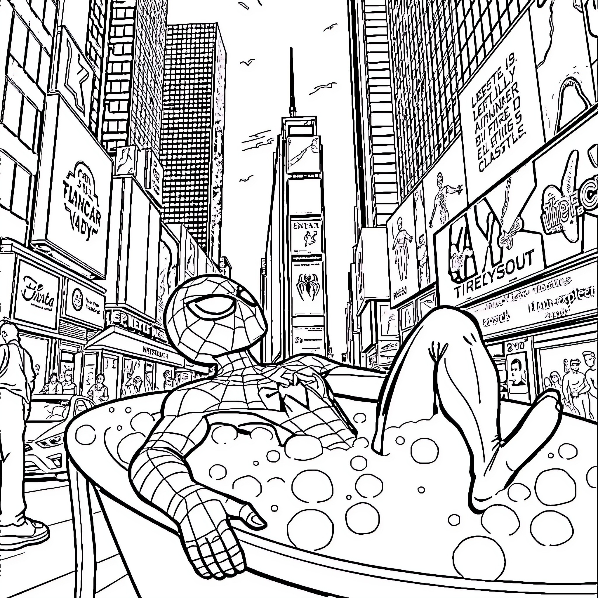 Spiderman swinging through the bustling city streets Coloring Page (free black-and-white line drawing printable PDF for all, from beginners to advanced learners, including children, teens, adults, and seniors)