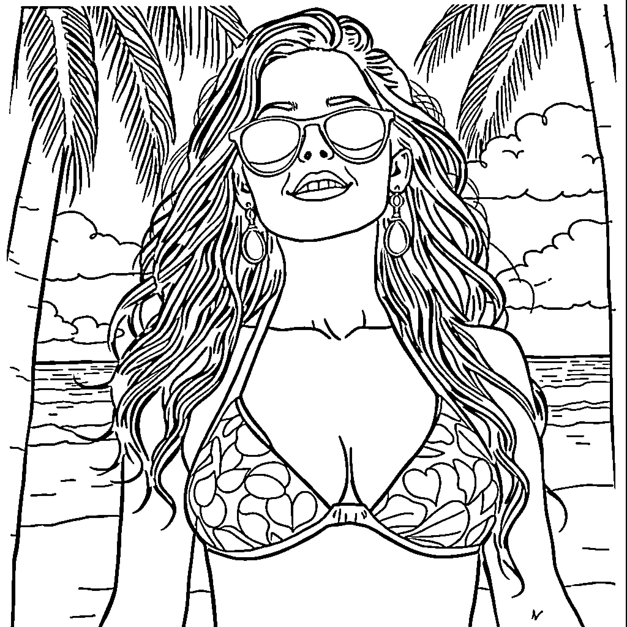Emily Willis enjoying a tropical beach day Coloring Page (free black-and-white line drawing printable PDF for all, from beginners to advanced learners, including children, teens, adults, and seniors)