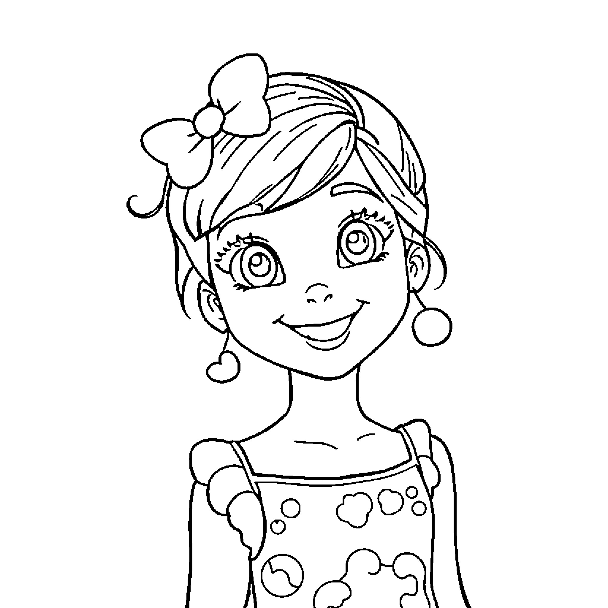 Emma's Playful Expression and Polka Dot Outfit Coloring Page (free black-and-white line drawing printable PDF for all, from beginners to advanced learners, including children, teens, adults, and seniors)