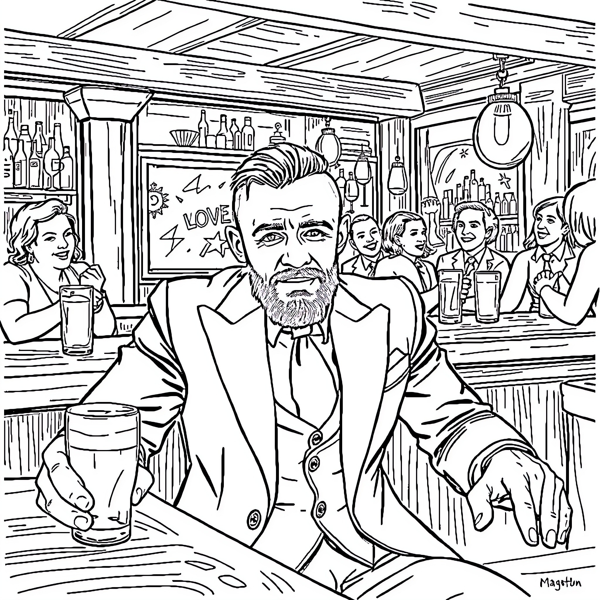 Conor McGregor's Charismatic Presence in a Lively Bar Setting Coloring Page (free black-and-white line drawing printable PDF for all, from beginners to advanced learners, including children, teens, adults, and seniors)