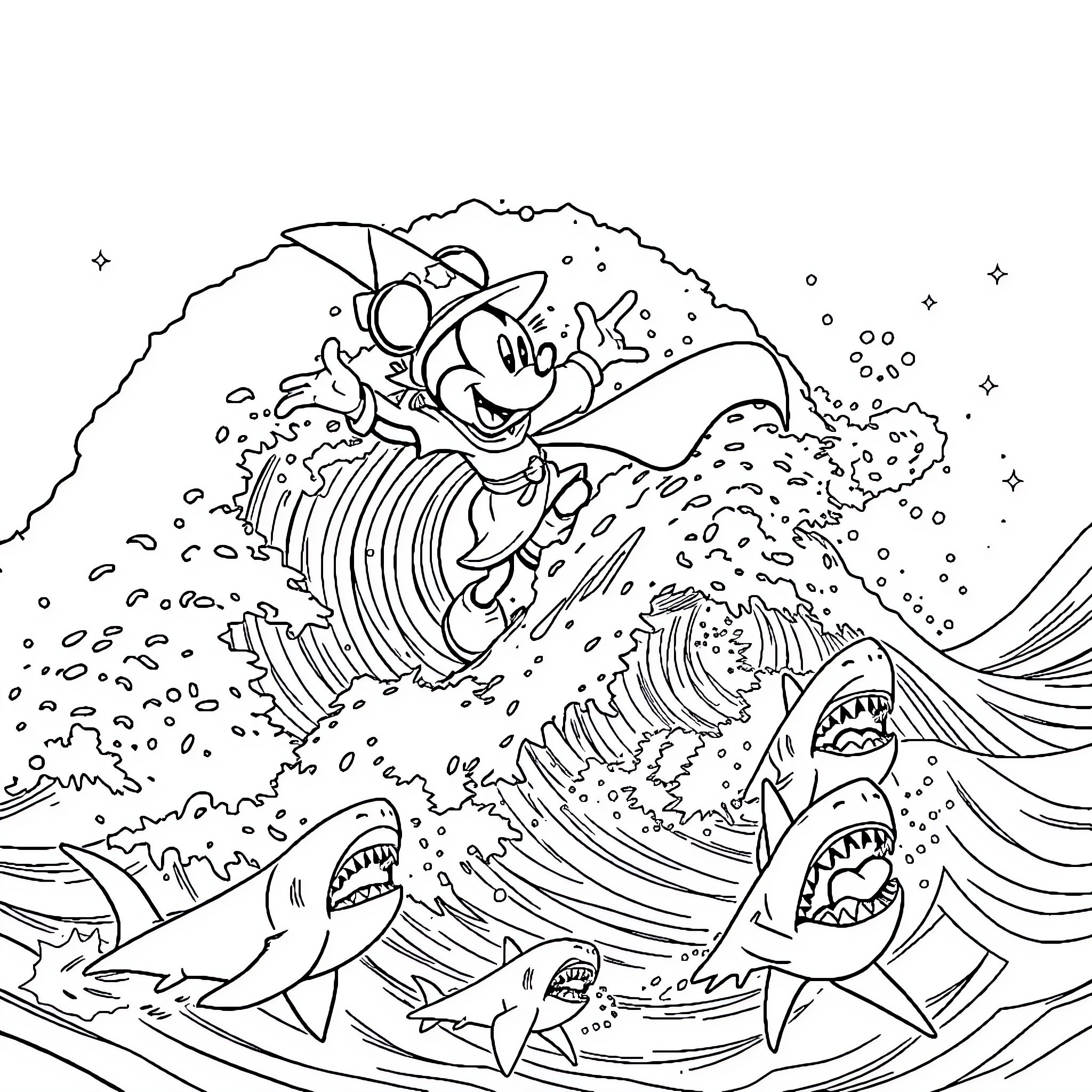 Sorcerer's Underwater Adventure with Magical Creatures Coloring Page (free black-and-white line drawing printable PDF for all, from beginners to advanced learners, including children, teens, adults, and seniors)
