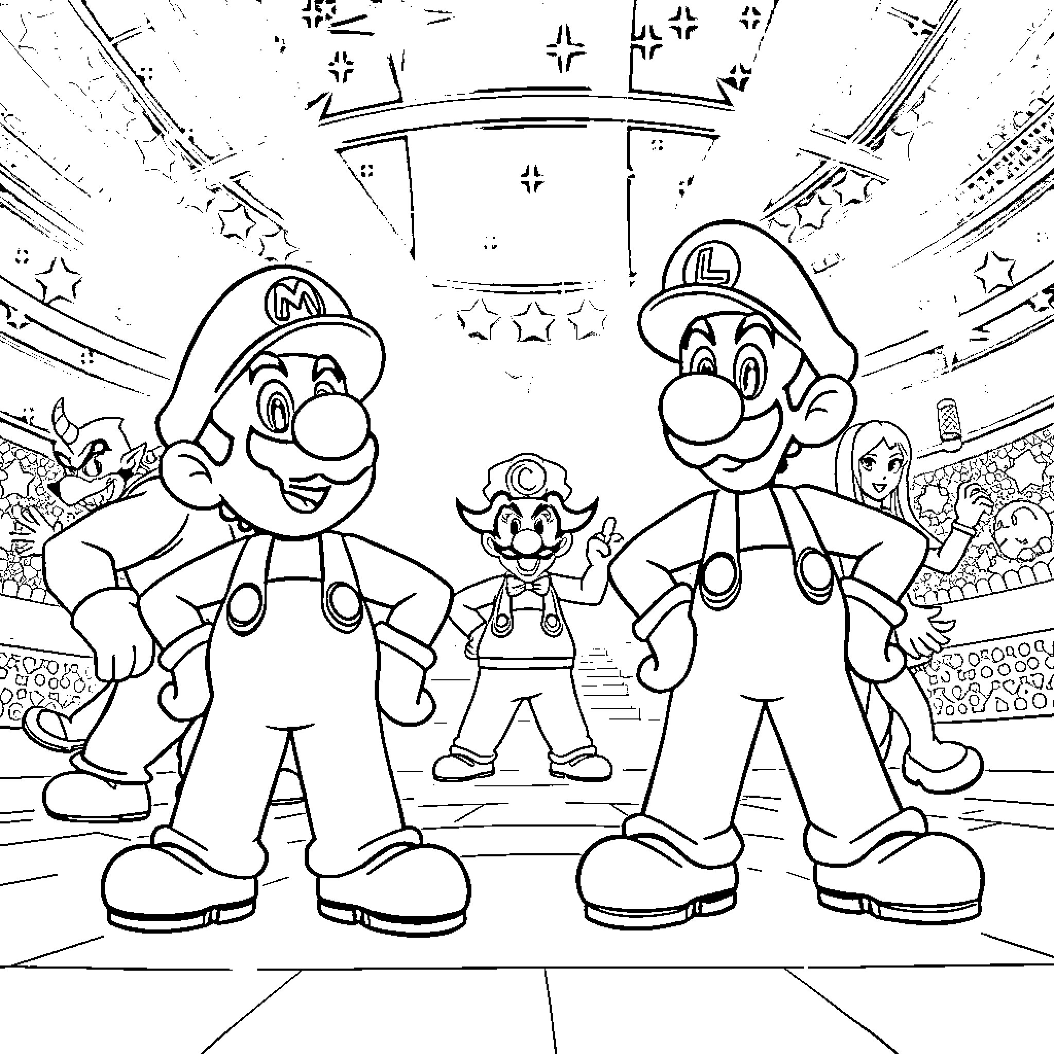 Mario and Luigi in Colorful Gaming Adventure Coloring Page (free black-and-white line drawing printable PDF for all, from beginners to advanced learners, including children, teens, adults, and seniors)