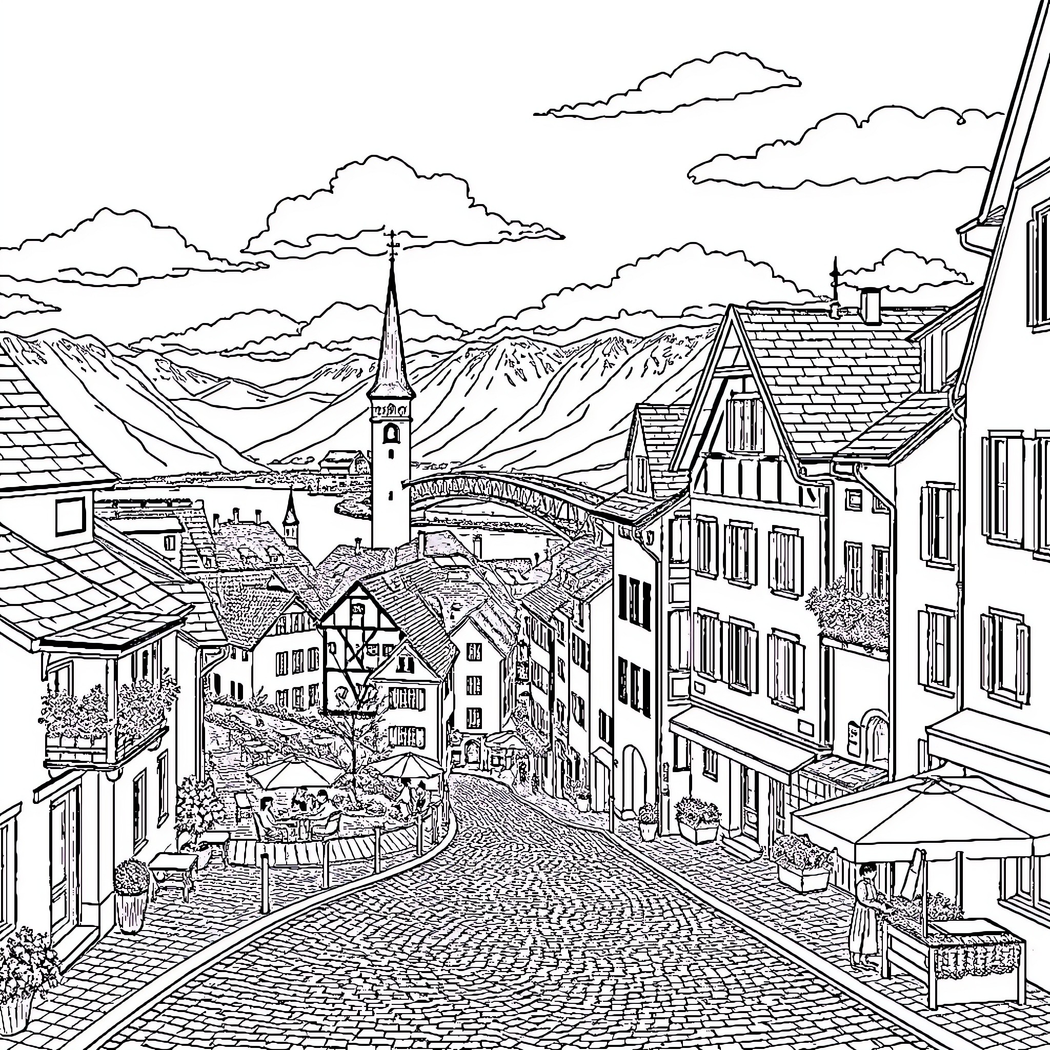 Zug: Quaint Swiss Town Overlooking Mountainous Landscape Coloring Page (free black-and-white line drawing printable PDF for all, from beginners to advanced learners, including children, teens, adults, and seniors)