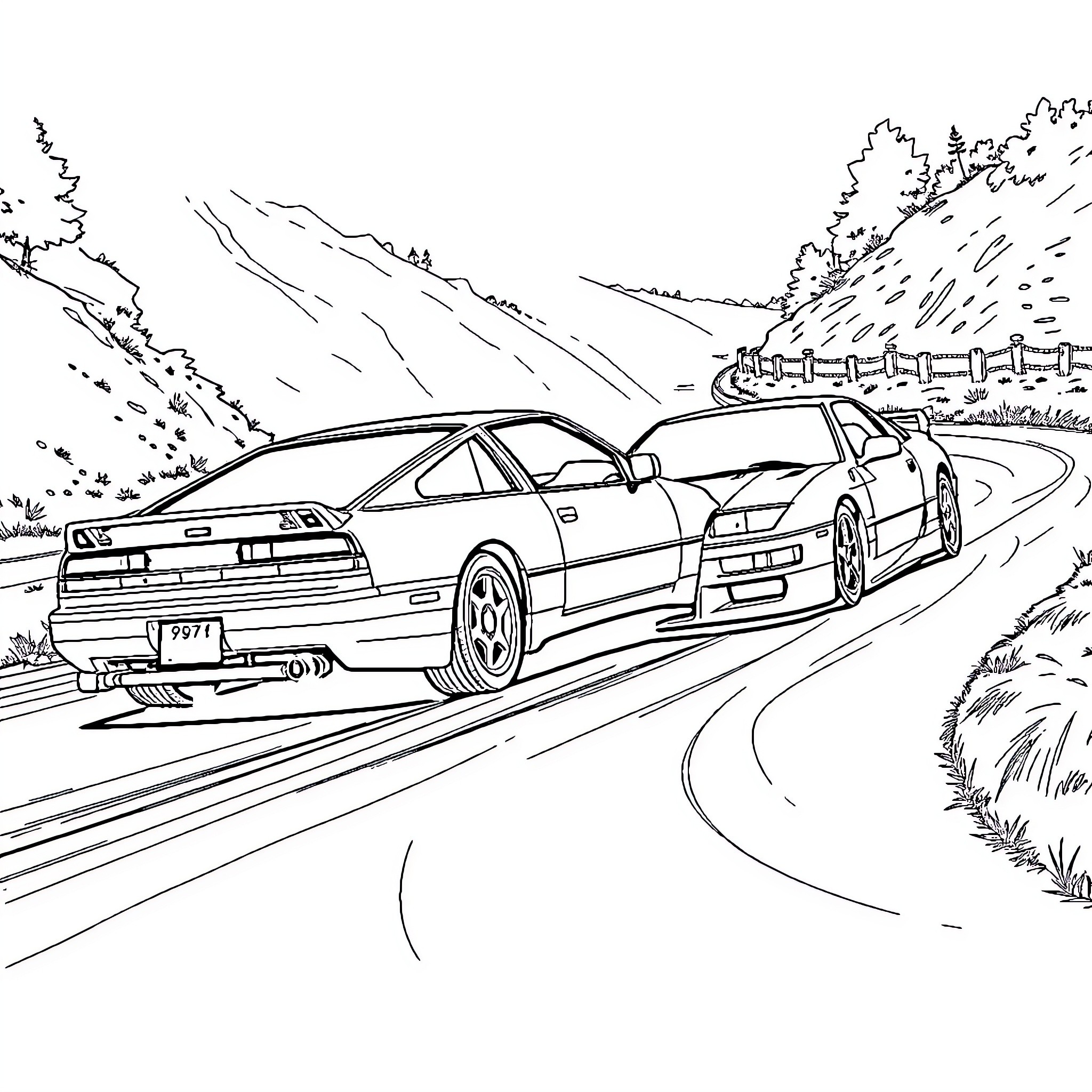 Cars racing on a winding mountain road Coloring Page (free black-and-white line drawing printable PDF for all, from beginners to advanced learners, including children, teens, adults, and seniors)