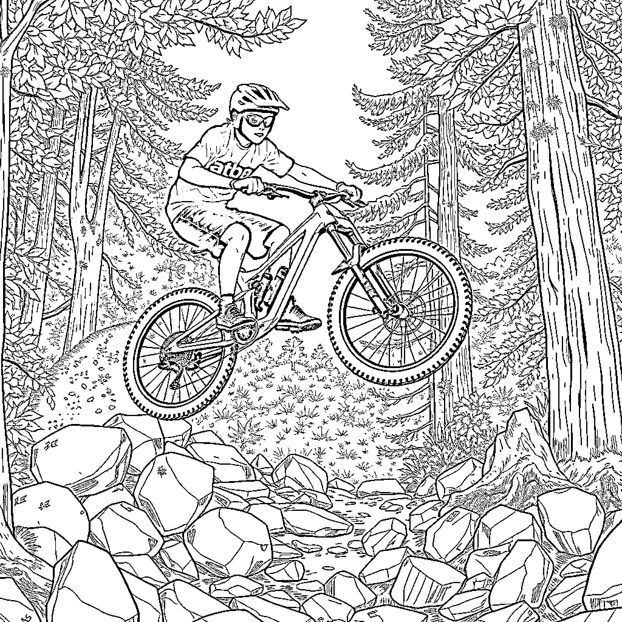 Mountain Biker Navigating Rugged Terrain in the Forest Coloring Page (free black-and-white line drawing printable PDF for all, from beginners to advanced learners, including children, teens, adults, and seniors)