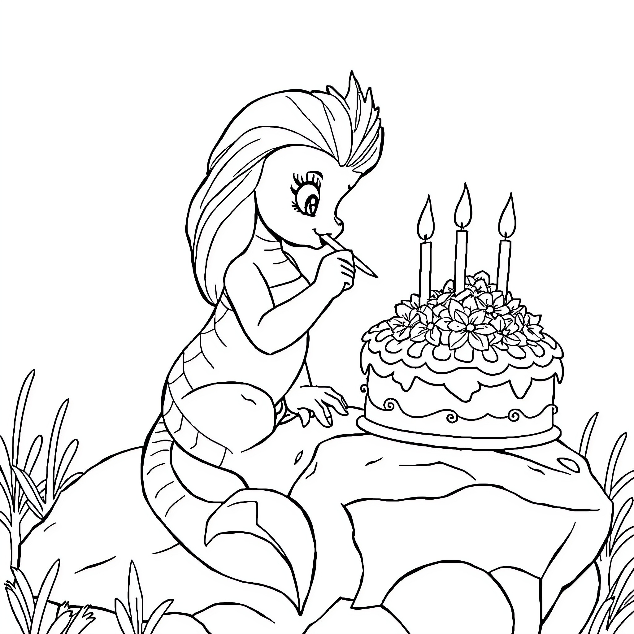 Mermaid celebrating with birthday cake and candles Coloring Page (free black-and-white line drawing printable PDF for all, from beginners to advanced learners, including children, teens, adults, and seniors)