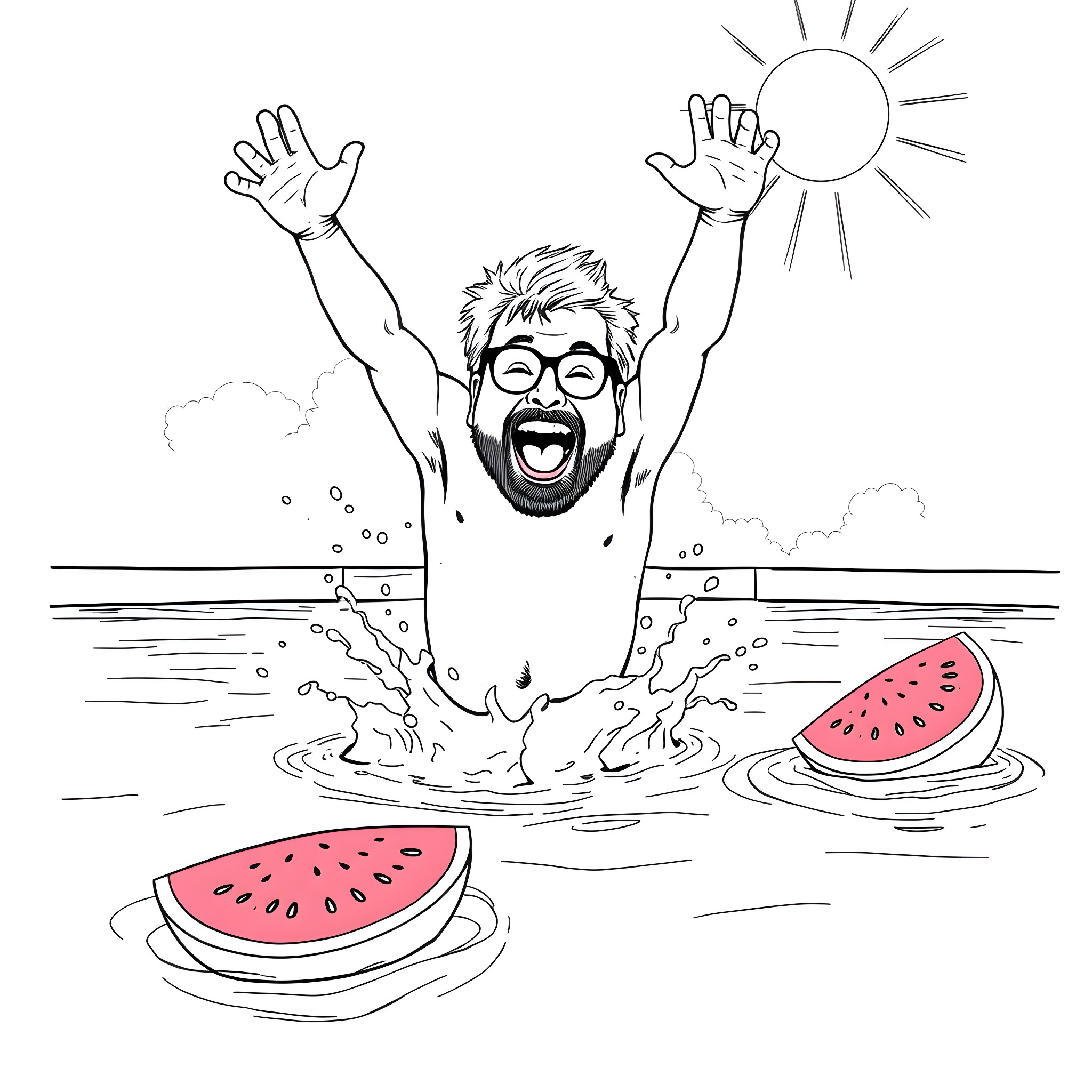 Danny DeVito Joyfully Splashing in Watermelon Filled Lake Coloring Page (free black-and-white line drawing printable PDF for all, from beginners to advanced learners, including children, teens, adults, and seniors)
