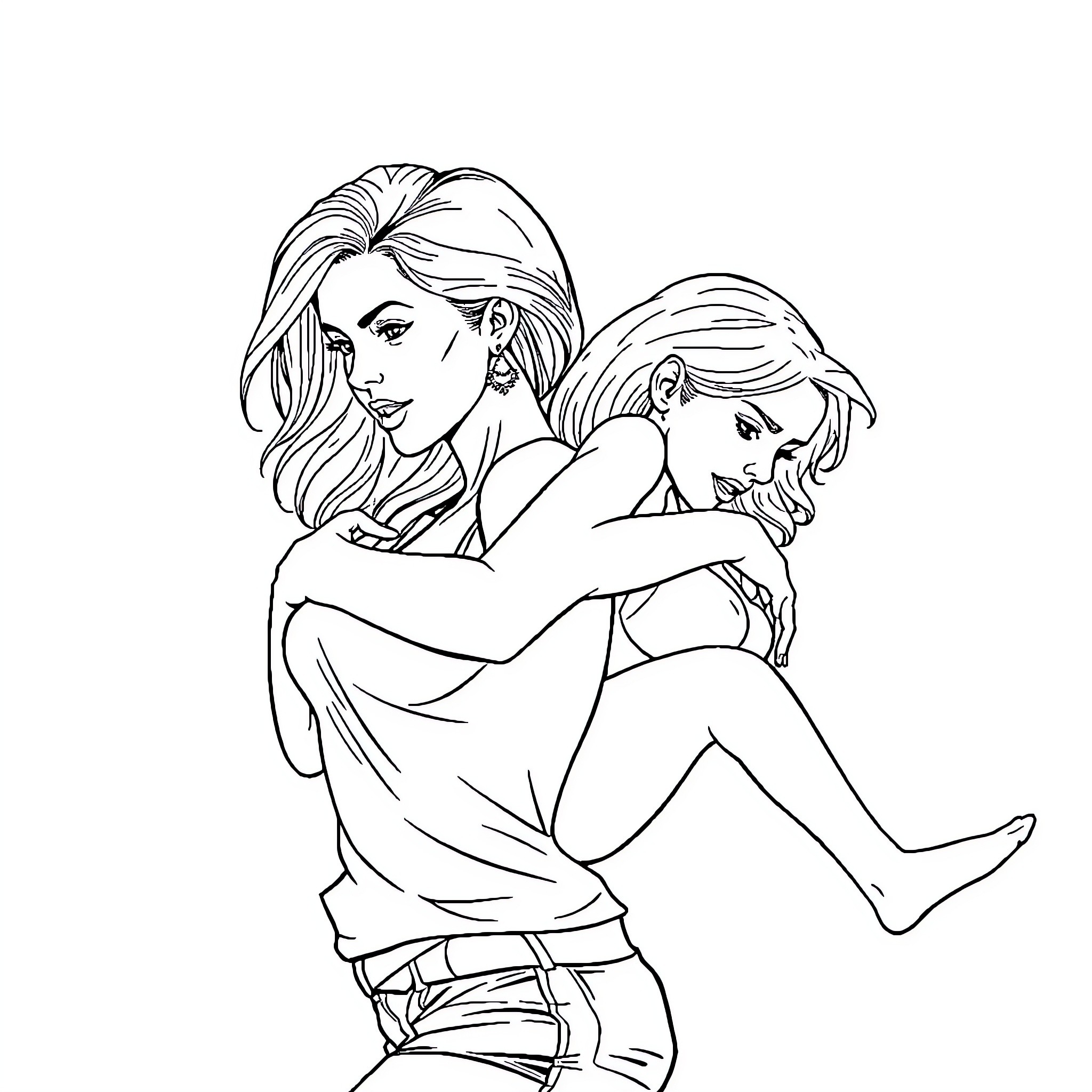 Mujer mostrando afecto y cercanía Coloring Page (free black-and-white line drawing printable PDF for all, from beginners to advanced learners, including children, teens, adults, and seniors)