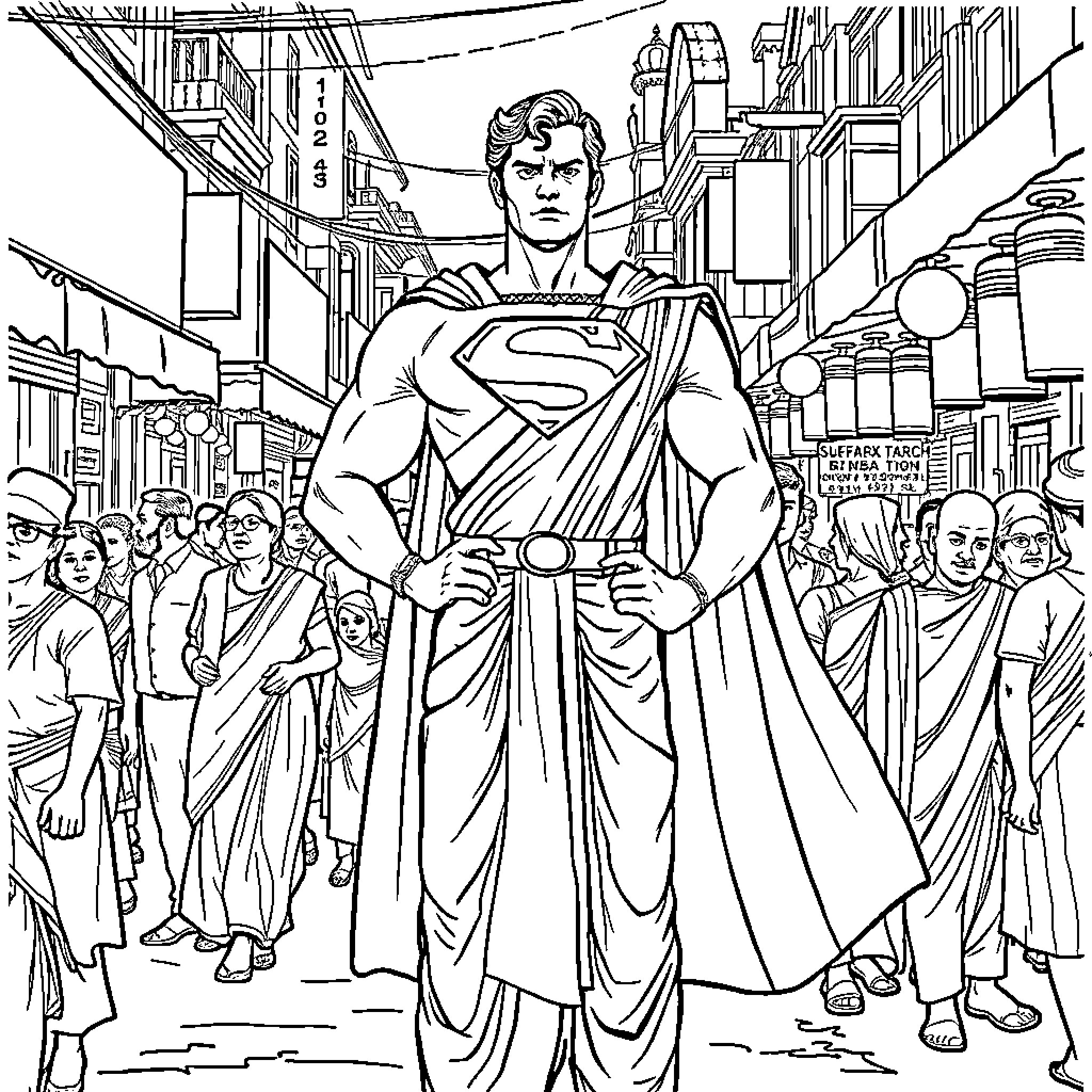 Superman standing heroically in the city streets Coloring Page (free black-and-white line drawing printable PDF for all, from beginners to advanced learners, including children, teens, adults, and seniors)
