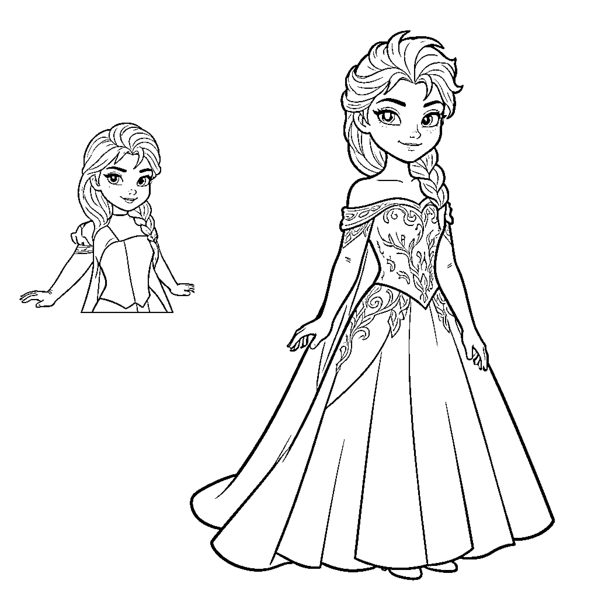 Elsa wearing a beautiful gown and smiling Coloring Page (free black-and-white line drawing printable PDF for all, from beginners to advanced learners, including children, teens, adults, and seniors)