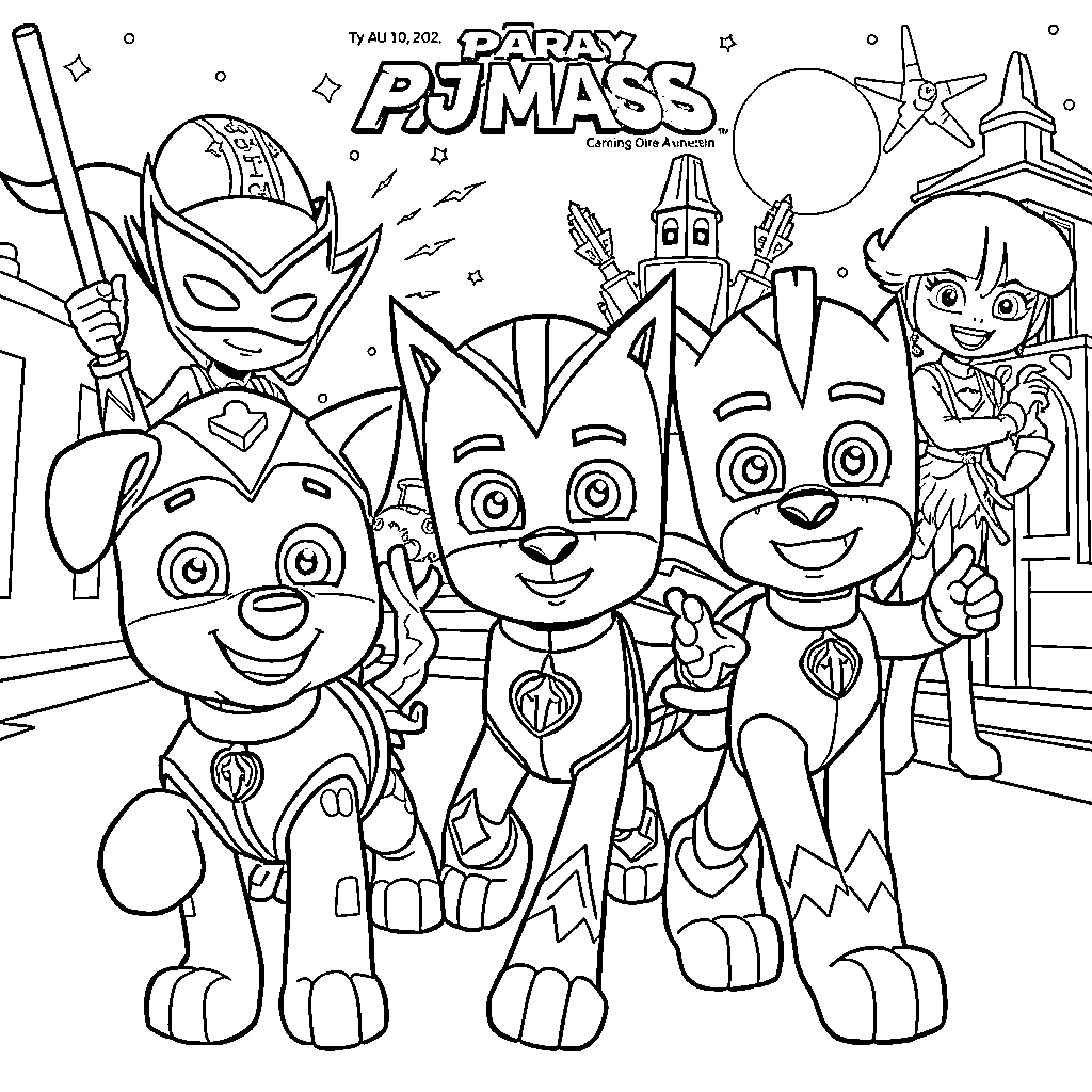 Paw Patrol Characters in Heroic Action Poses Coloring Page (free black-and-white line drawing printable PDF for all, from beginners to advanced learners, including children, teens, adults, and seniors)