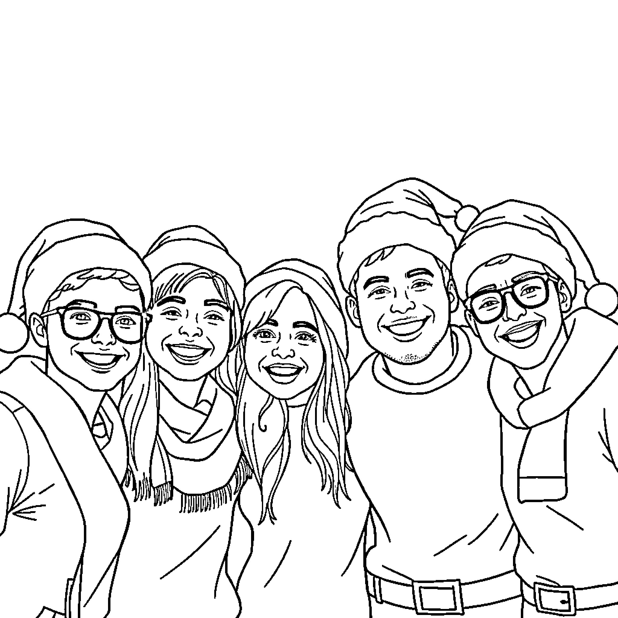 Friends enjoying the holidays together Coloring Page (free black-and-white line drawing printable PDF for all, from beginners to advanced learners, including children, teens, adults, and seniors)