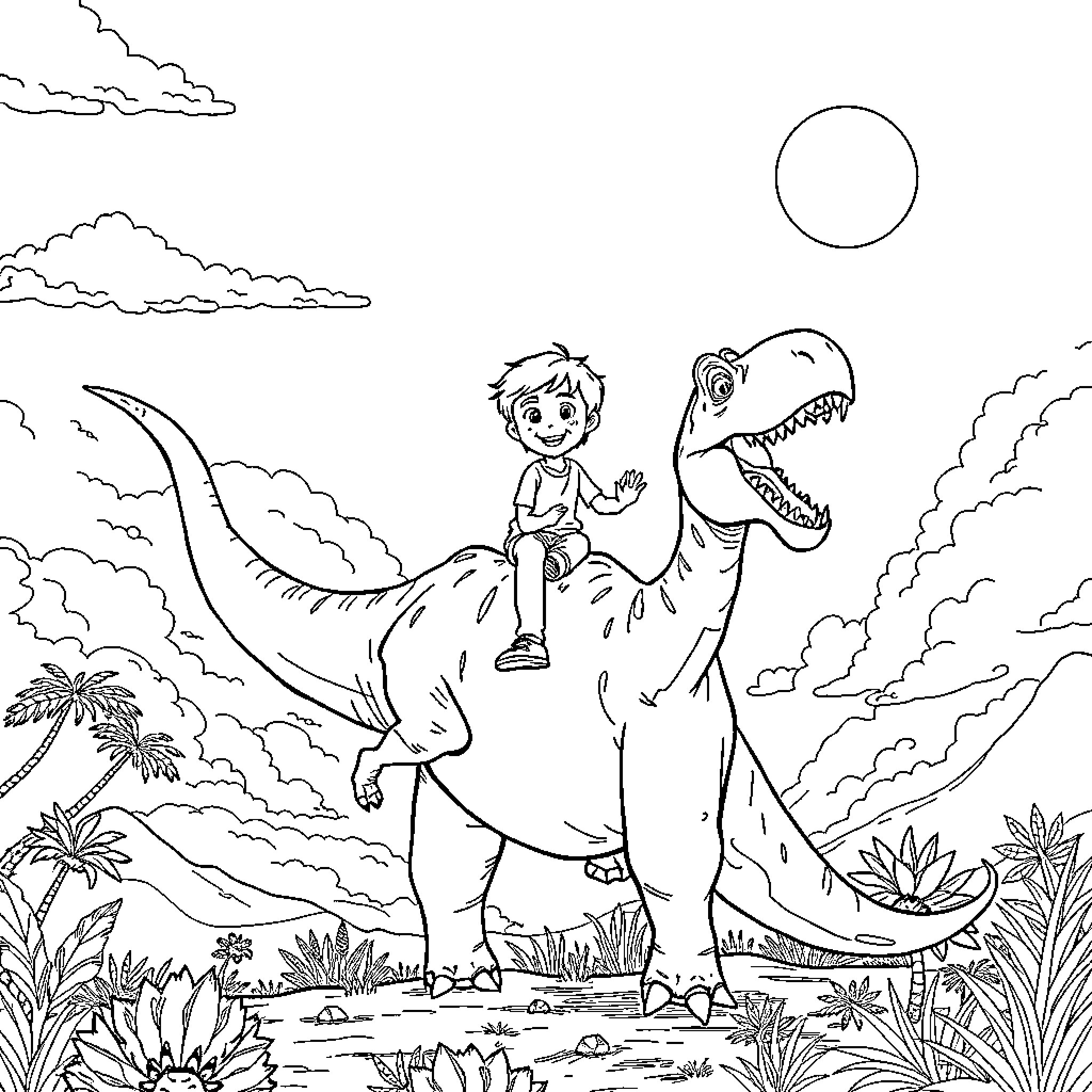Dinosaur Rider Explores Prehistoric Landscape Coloring Page (free black-and-white line drawing printable PDF for all, from beginners to advanced learners, including children, teens, adults, and seniors)