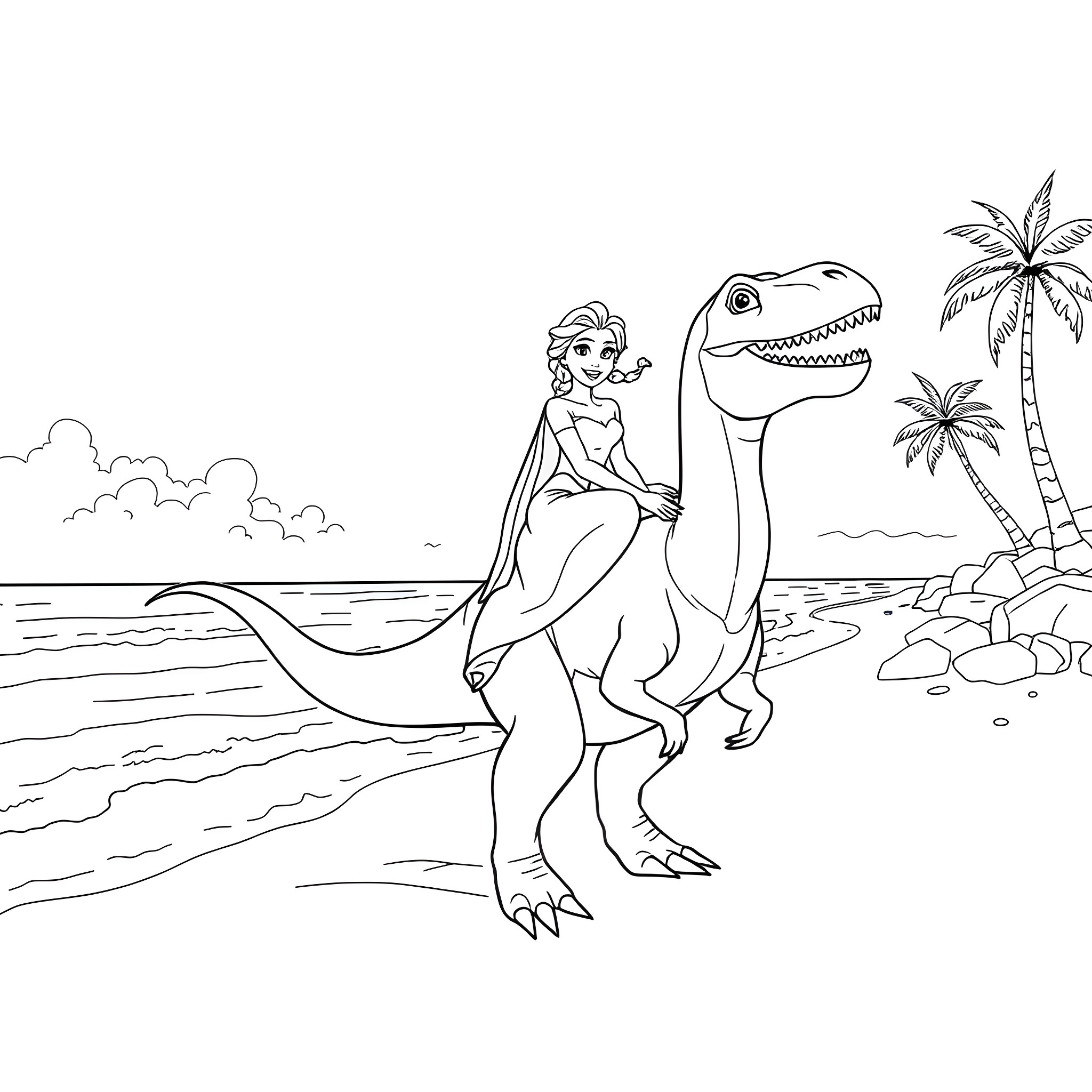 Elsa riding a friendly dinosaur on the beach Coloring Page (free black-and-white line drawing printable PDF for all, from beginners to advanced learners, including children, teens, adults, and seniors)
