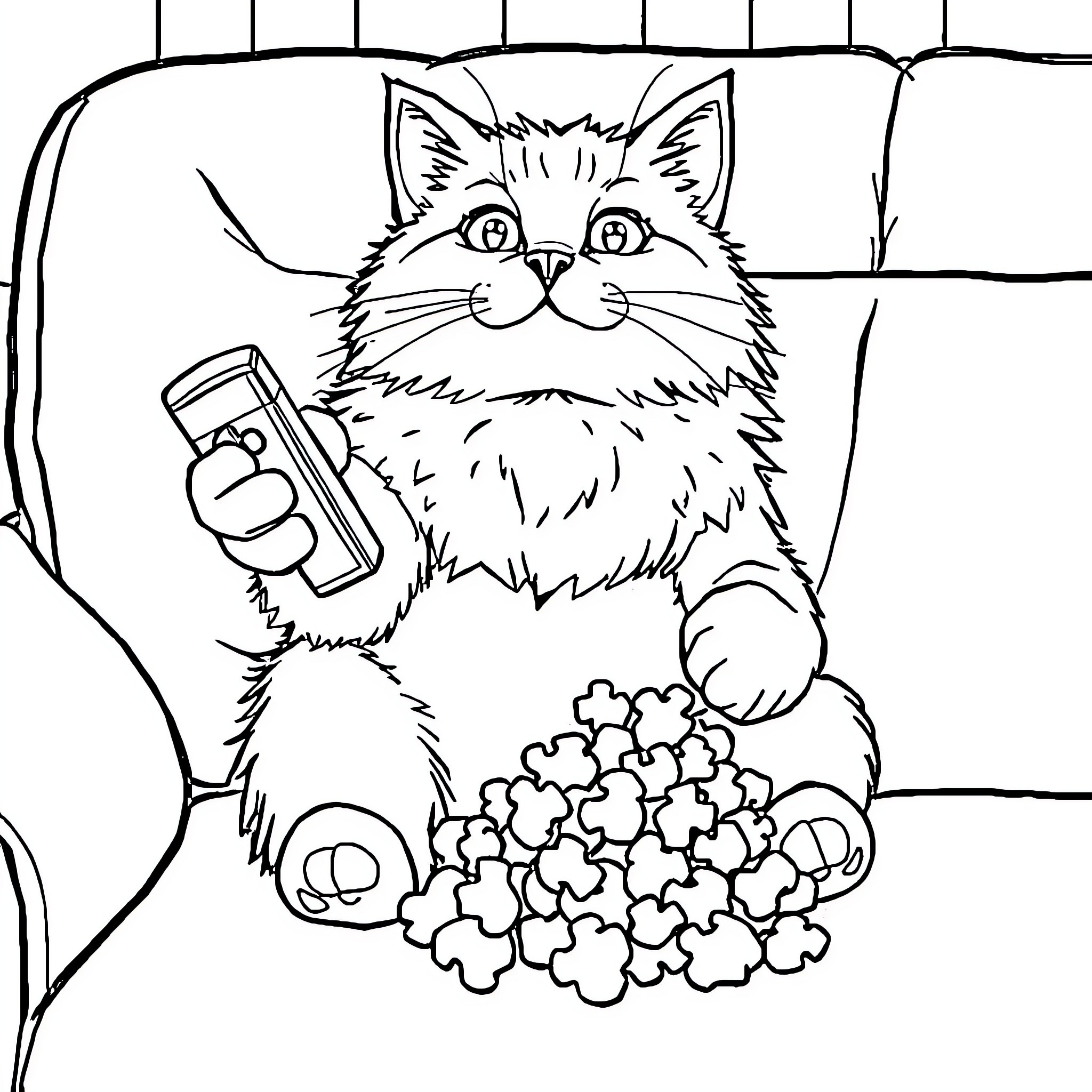 Cat watching television and eating snacks Coloring Page (free black-and-white line drawing printable PDF for all, from beginners to advanced learners, including children, teens, adults, and seniors)