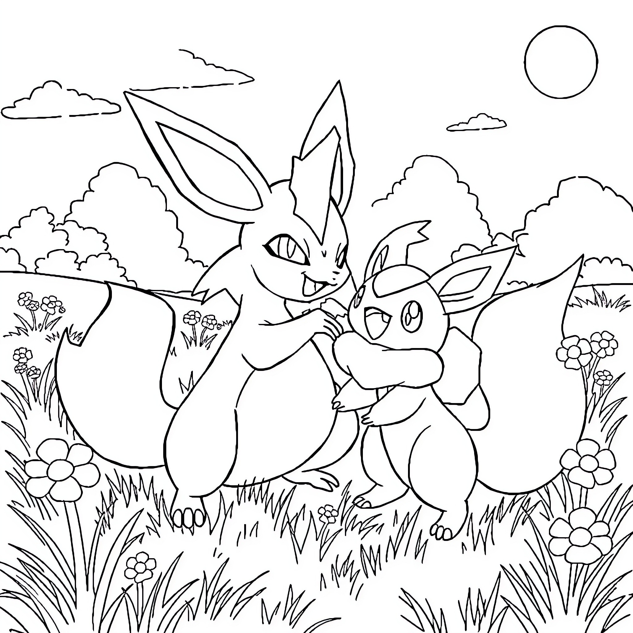 Zangoose and Eevee playing in the field Coloring Page (free black-and-white line drawing printable PDF for all, from beginners to advanced learners, including children, teens, adults, and seniors)