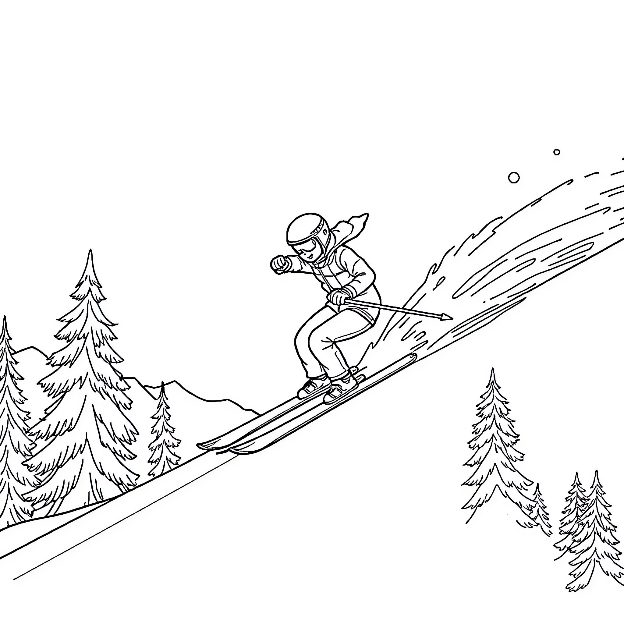 Vahiana's Exhilarating Ski Adventure Coloring Page (free black-and-white line drawing printable PDF for all, from beginners to advanced learners, including children, teens, adults, and seniors)