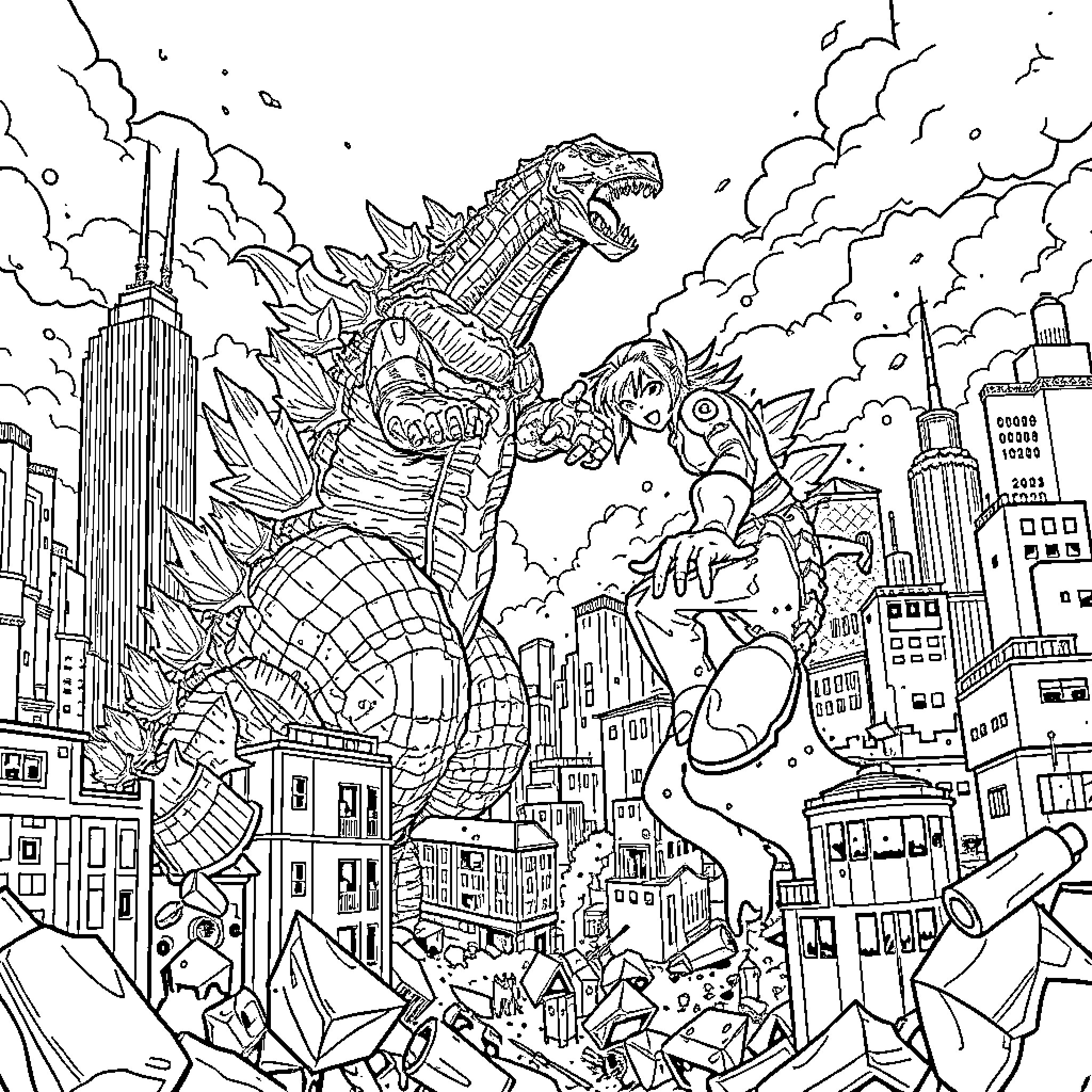 Zonic Monster Rampages Through City Landscape Coloring Page (free black-and-white line drawing printable PDF for all, from beginners to advanced learners, including children, teens, adults, and seniors)