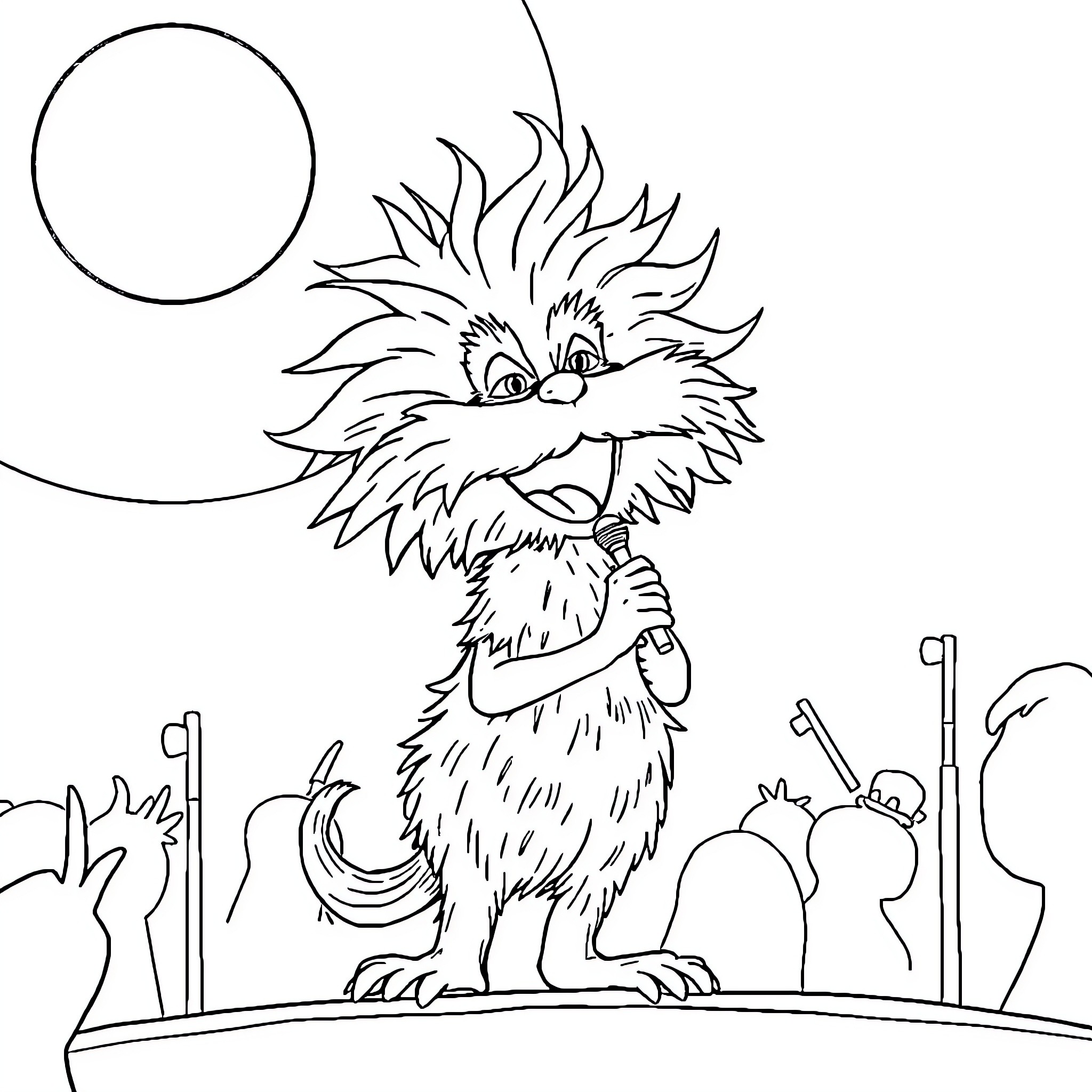 Lorax character expressing himself in a playful manner Coloring Page (free black-and-white line drawing printable PDF for all, from beginners to advanced learners, including children, teens, adults, and seniors)