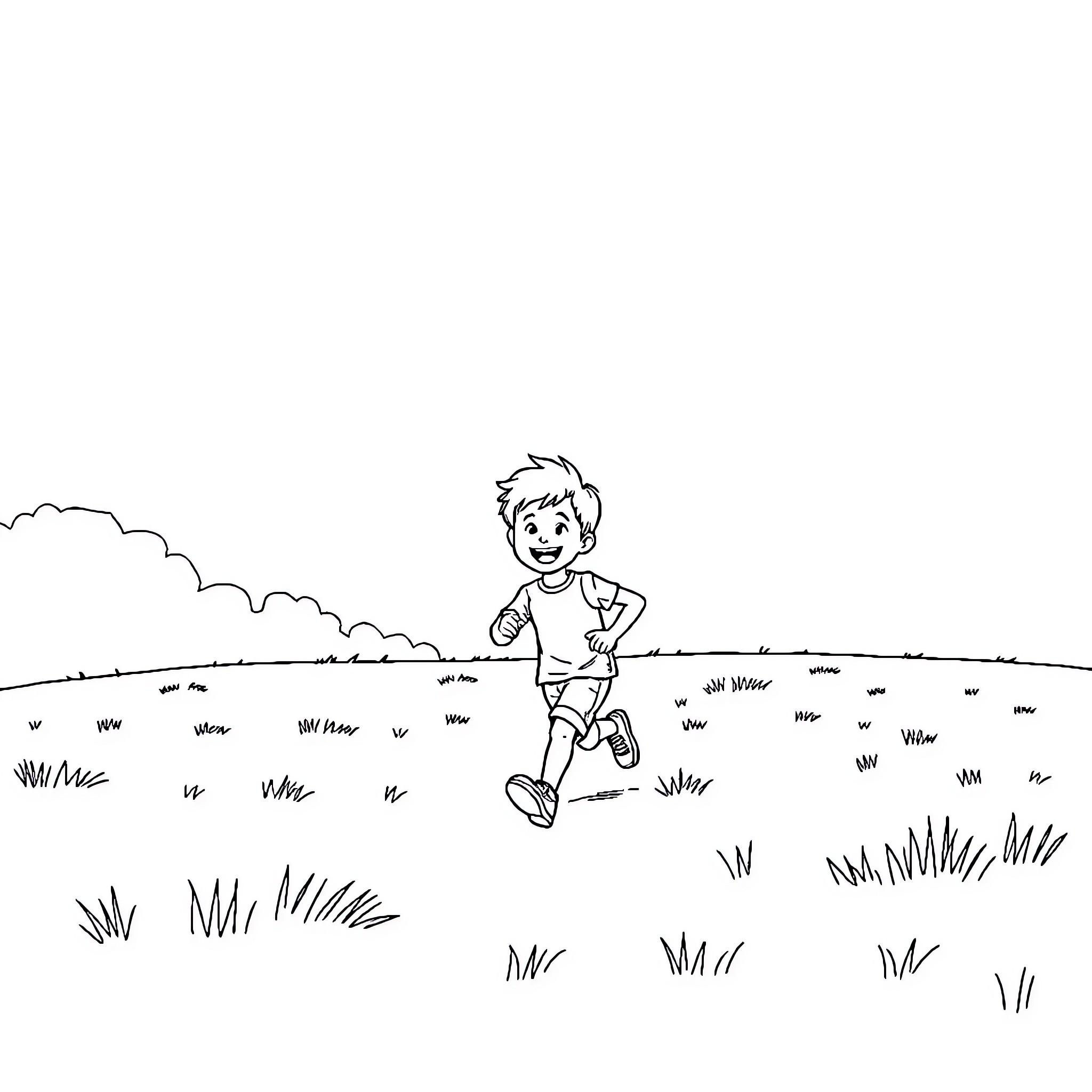 Boy running happily through a field Coloring Page (free black-and-white line drawing printable PDF for all, from beginners to advanced learners, including children, teens, adults, and seniors)