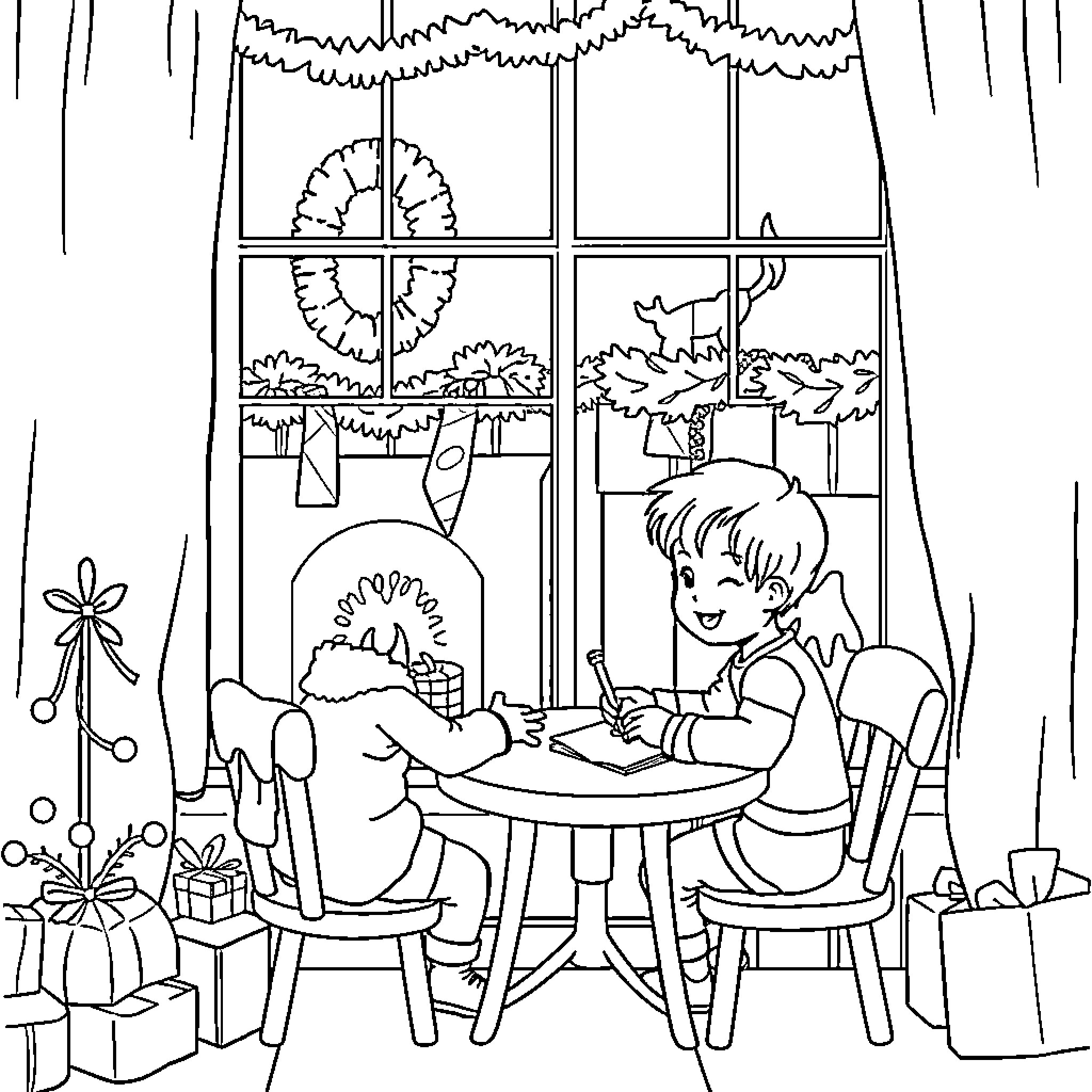 Kid enjoying holiday meal at home Coloring Page (free black-and-white line drawing printable PDF for all, from beginners to advanced learners, including children, teens, adults, and seniors)