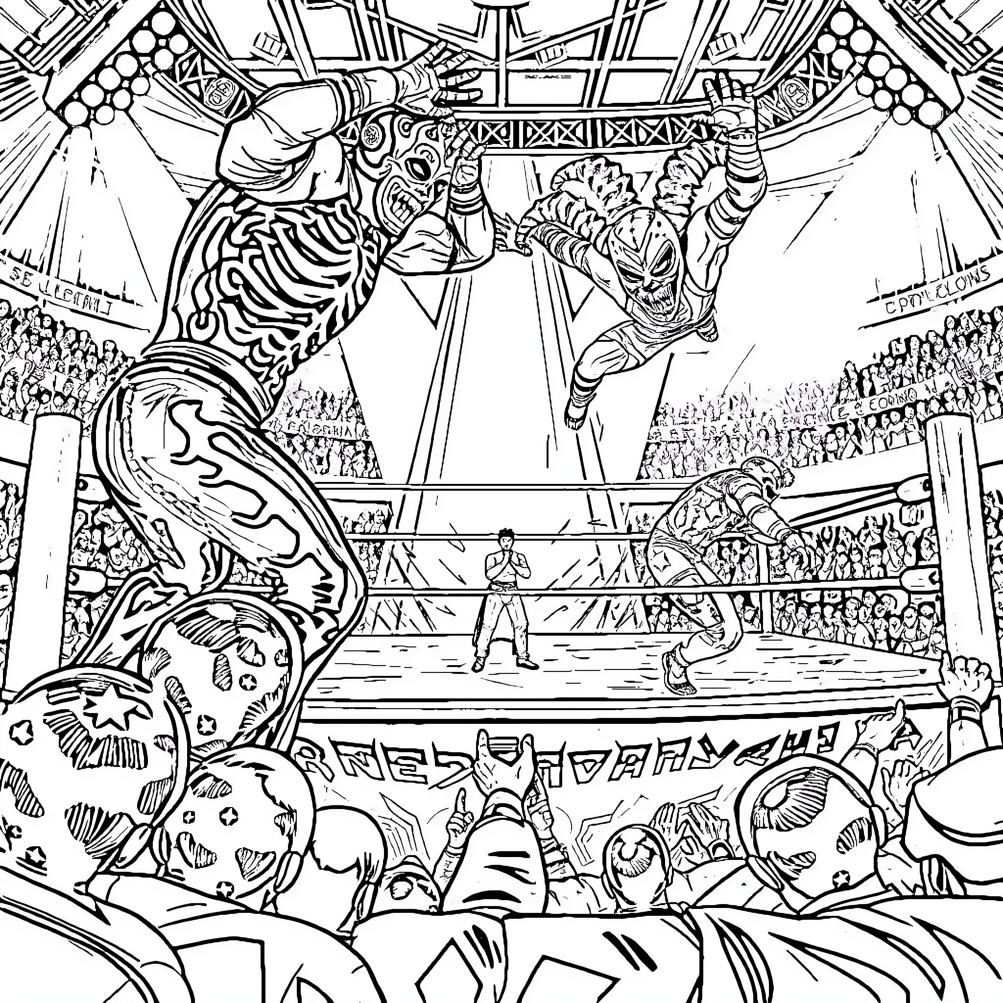 Lucha Libre: Fierce Wrestlers Battling in the Arena Coloring Page (free black-and-white line drawing printable PDF for all, from beginners to advanced learners, including children, teens, adults, and seniors)