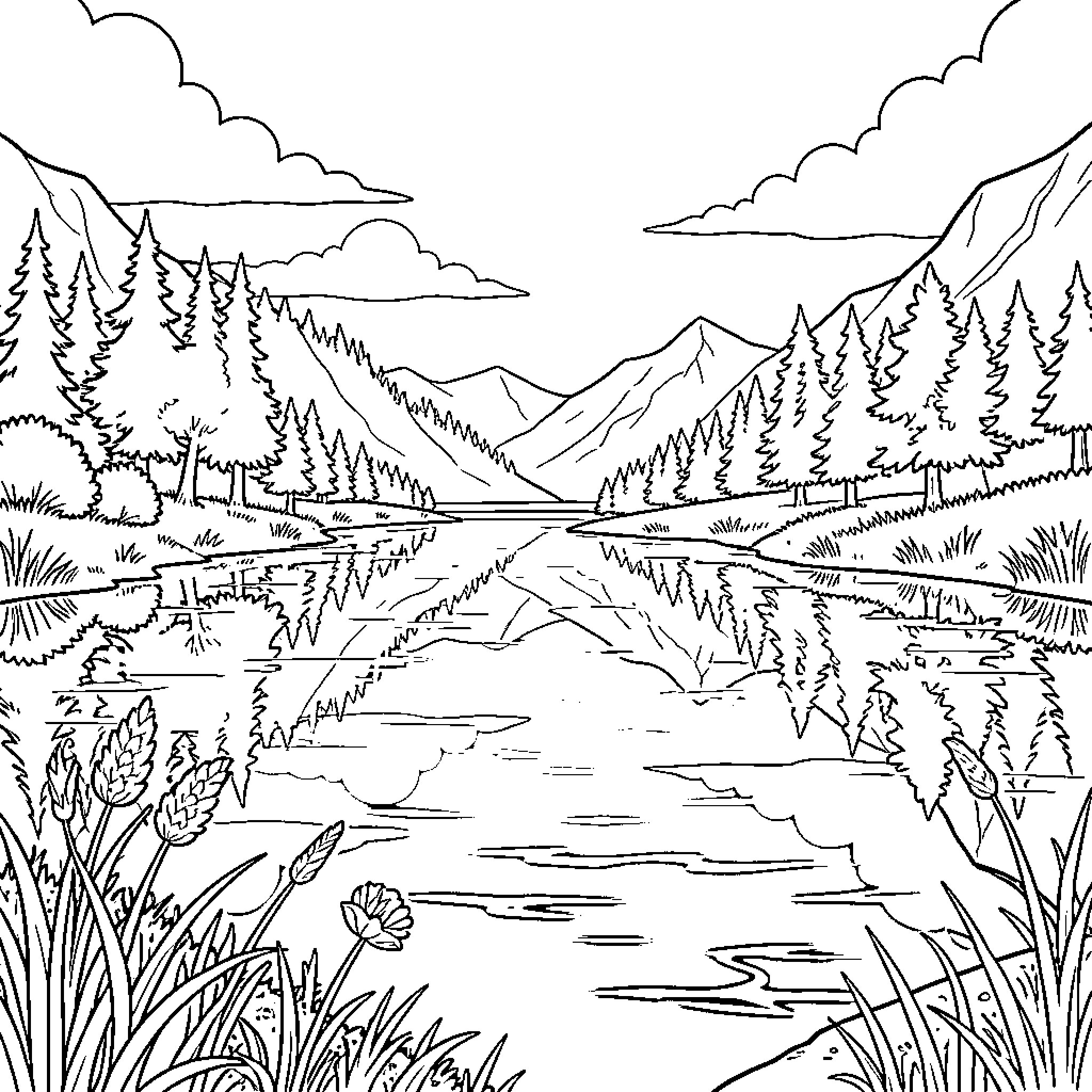 Water Landscape with Tranquil Lake and Mountains Coloring Page (free black-and-white line drawing printable PDF for all, from beginners to advanced learners, including children, teens, adults, and seniors)